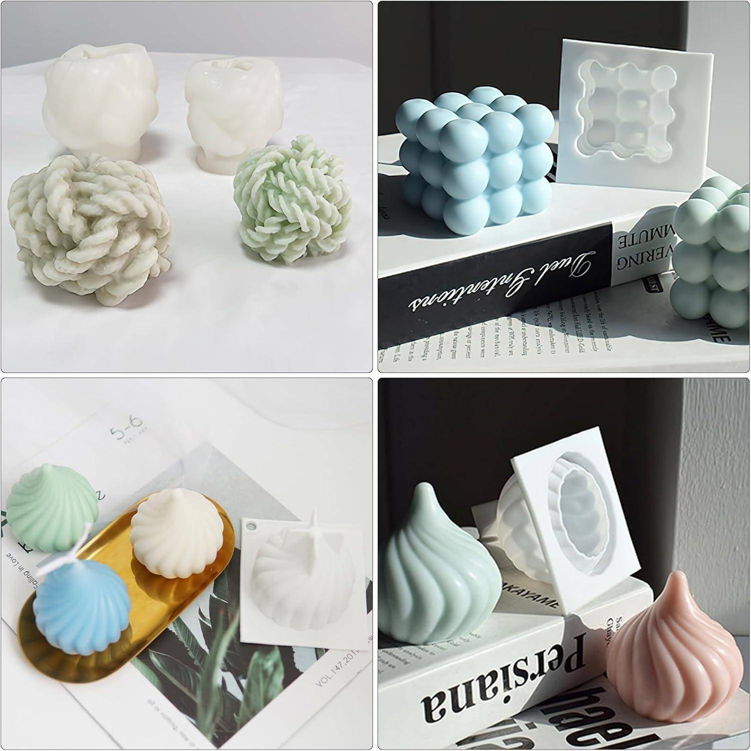 Collage aus dekorativen geformten Kerzen in Muschel-, Wirbel- und Blasenformen, dargestellt als Pastellwachsstücke mit weißen Silikonformen auf Büchern und Papieren.