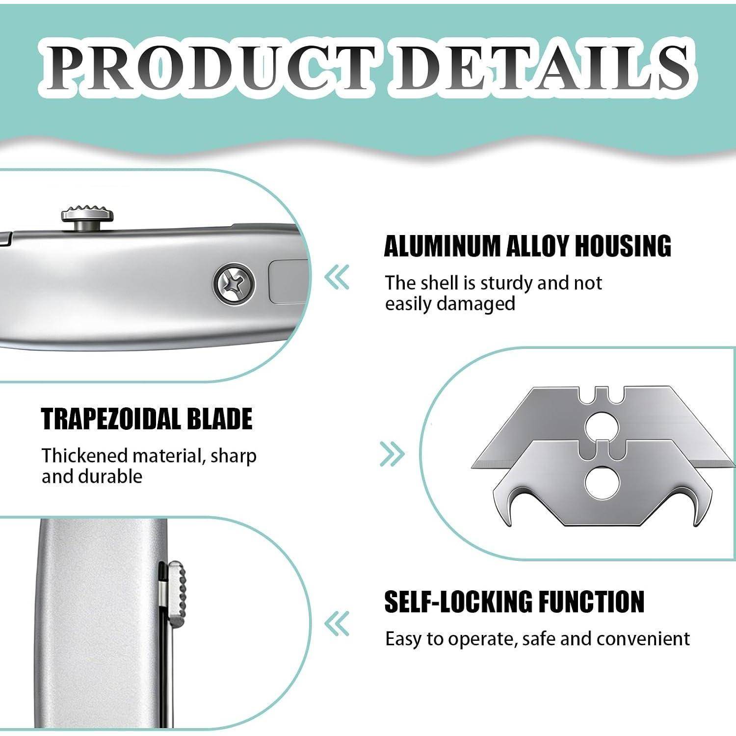 Produktdetails-Infografik mit einem Universalmesser mit Aluminium-Legierungsgehäuse, trapezförmiger Klinge und Selbstsperrfunktion; Beschriftungen heben Langlebigkeit und Sicherheit hervor.