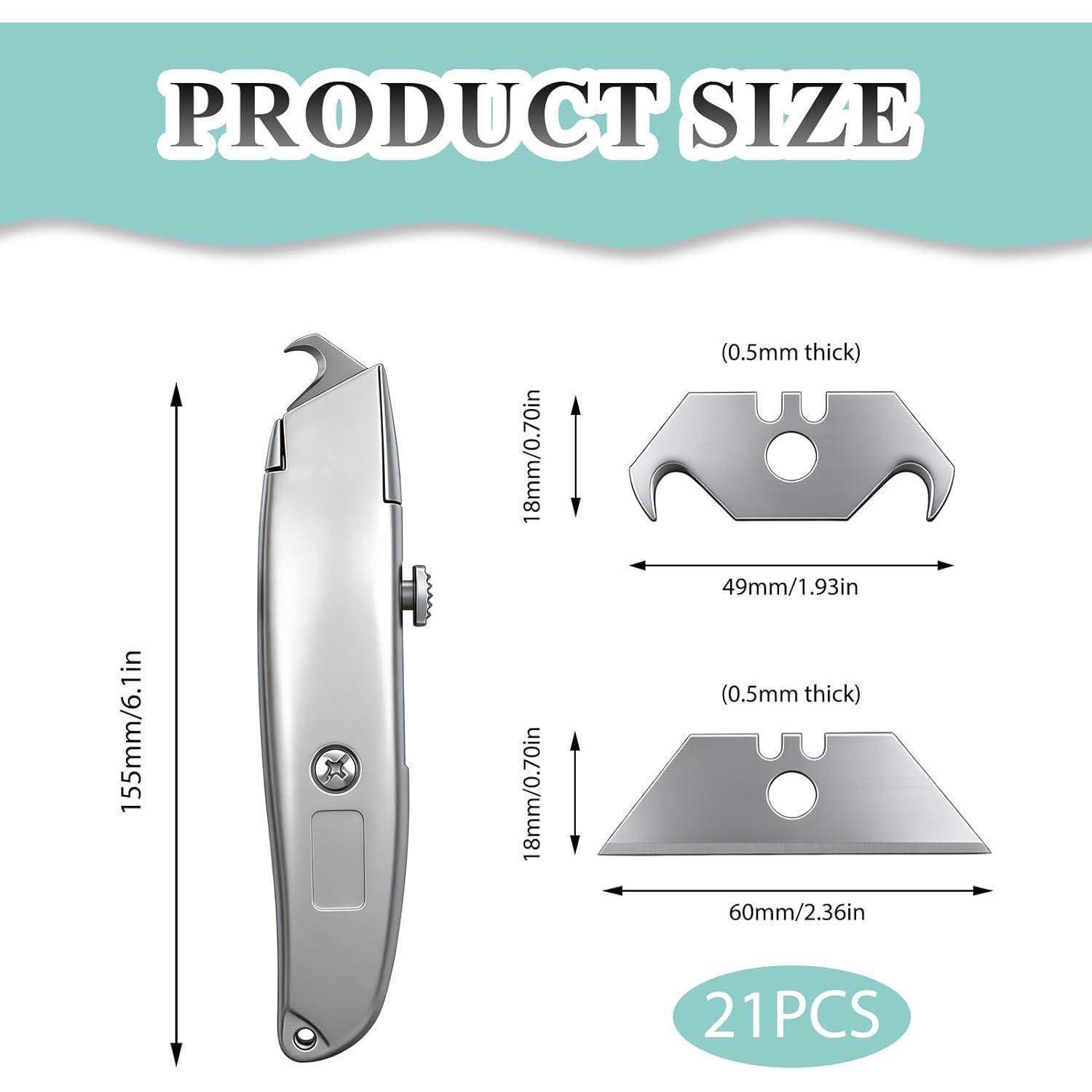 Produktgrößendiagramm für ein Universalmesser, das die Messergabeln 155 mm lang und zwei 0,5 mm dicke Ersatzklingen in den Größen 49 mm und 60 mm zeigt; '21er' Set.