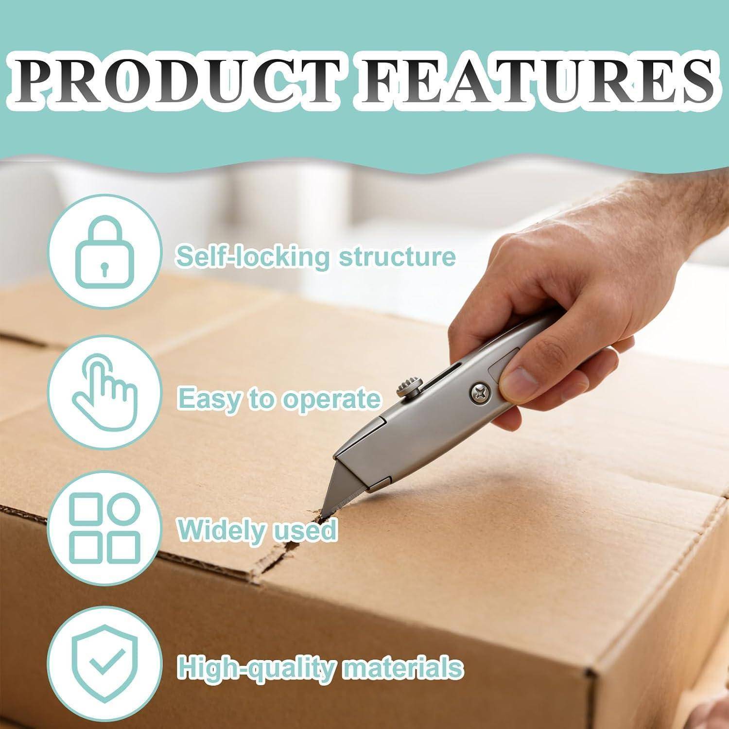 Produktmerkmale-Grafik, die eine Hand zeigt, die ein selbstsperrendes Universalmesser zum Schneiden einer Kartonbox verwendet, mit Symbolen für einfache Bedienung, vielseitige Verwendung und hochwertige Materialien.