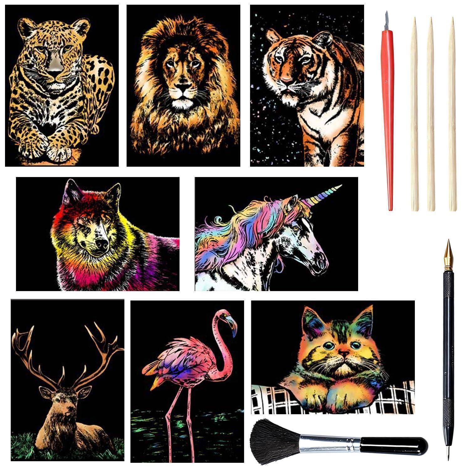 Collage von Neon-Stil-Tierillustrationen auf Schwarz: Leopard, Löwe, Tiger, Wolf, Einhorn, Hirsch, Flamingo und Katze, mit Pinseln und Zeichenwerkzeugen auf der rechten Seite.