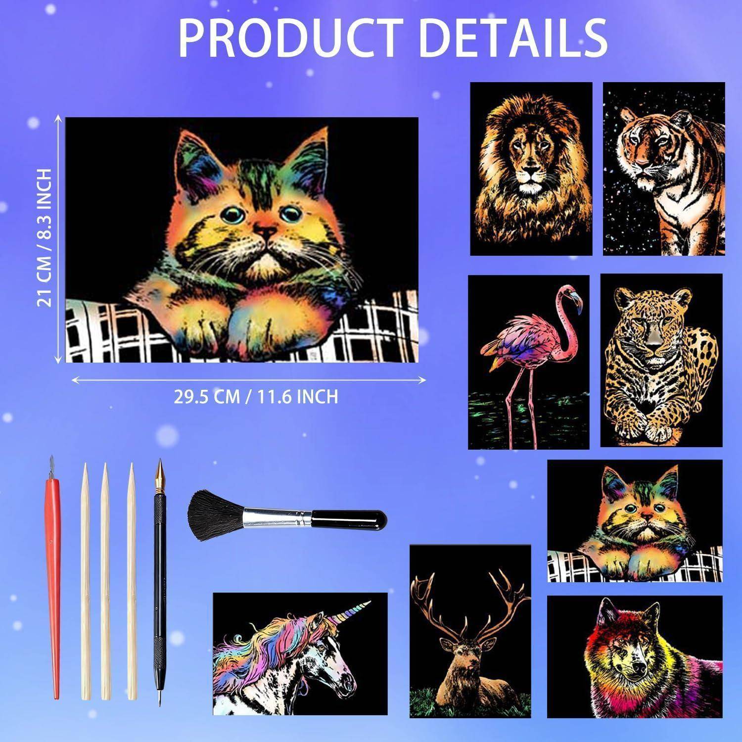 Produktdetails-Collage mit farbenfrohen Malen-nach-Zahlen-Tiermotiven, darunter eine Katze, ein Löwe, ein Tiger, ein Flamingo, ein Leopard, ein Wolf, ein Einhorn und ein Hirsch, mit enthaltenen Pinseln und Größe 29,5 cm x 21 cm.