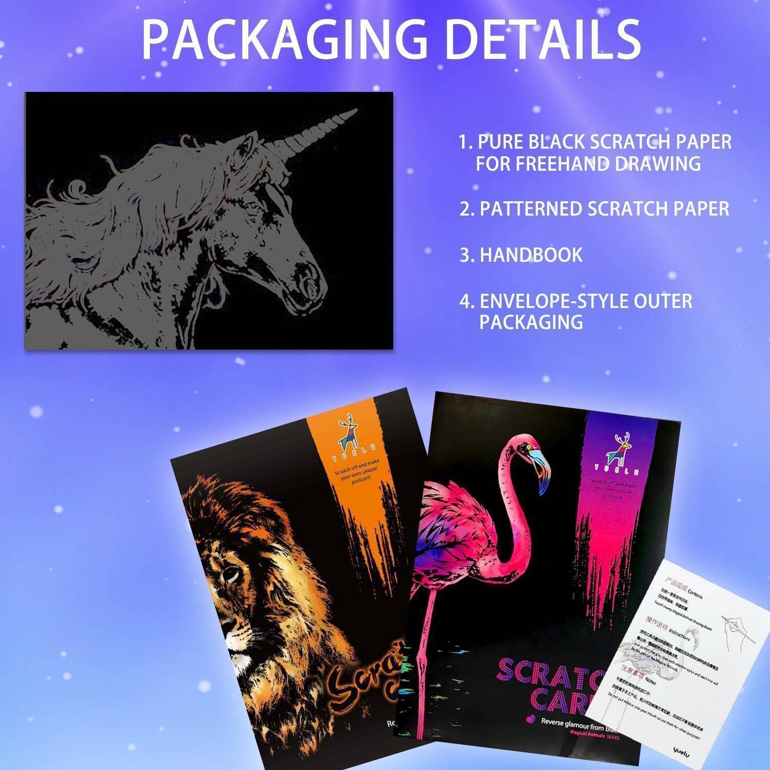 Verpackungsdetails-Folie mit dem Inhalt des Kratzbild-Sets: reines schwarzes Kratzbild-Papier, gemustertes Kratzbild-Papier, Handbuch und umschlagartiges Außenverpackung, mit Beispielbildern von Löwe und Flamingo auf den Covern.