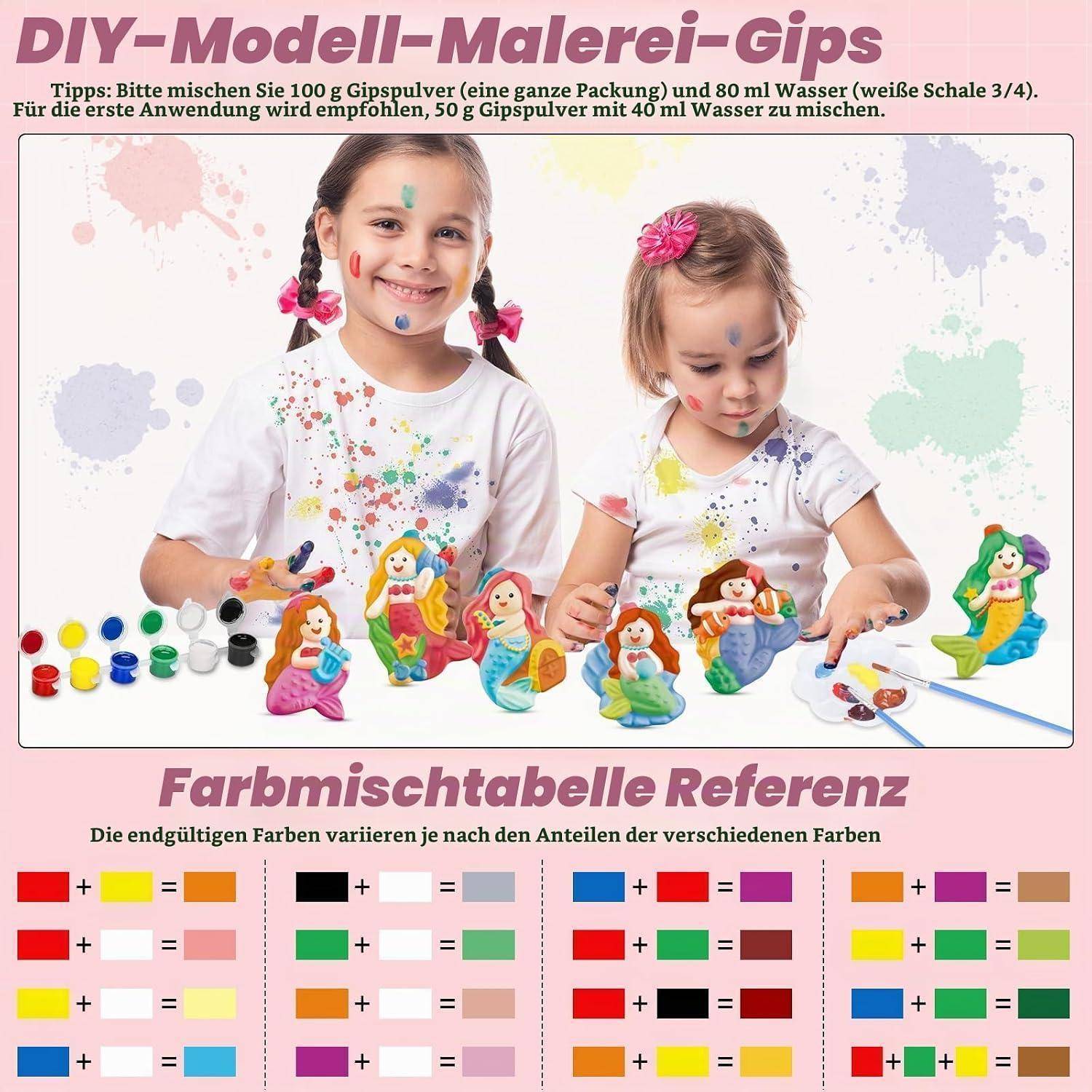 DIY-Anleitung zum Bemalen von Modellen mit zwei Kindern, die Figuren bemalen; unteres Farbmischungs-Referenzdiagramm zeigt Farbkombinationen und resultierende Farben.