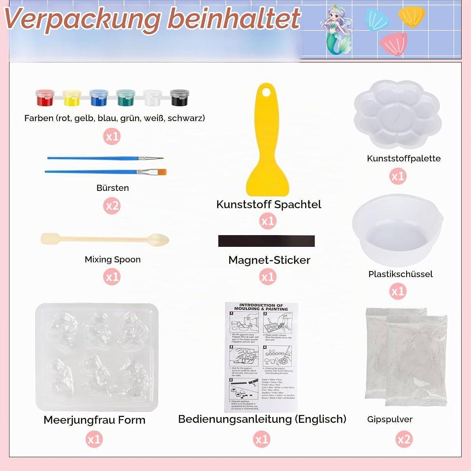 Illustrierte Packungsinhaltsübersicht für ein Modellier-/Malset: sechs Farben, 2 Pinsel, Rührlöffel, Kunststoffspachtel, Magnetaufkleber, Kunststoffpalette, Kunststoffschüssel, Meerjungfrauenform, englische Anleitung und 2 Gipspulverbeutel.