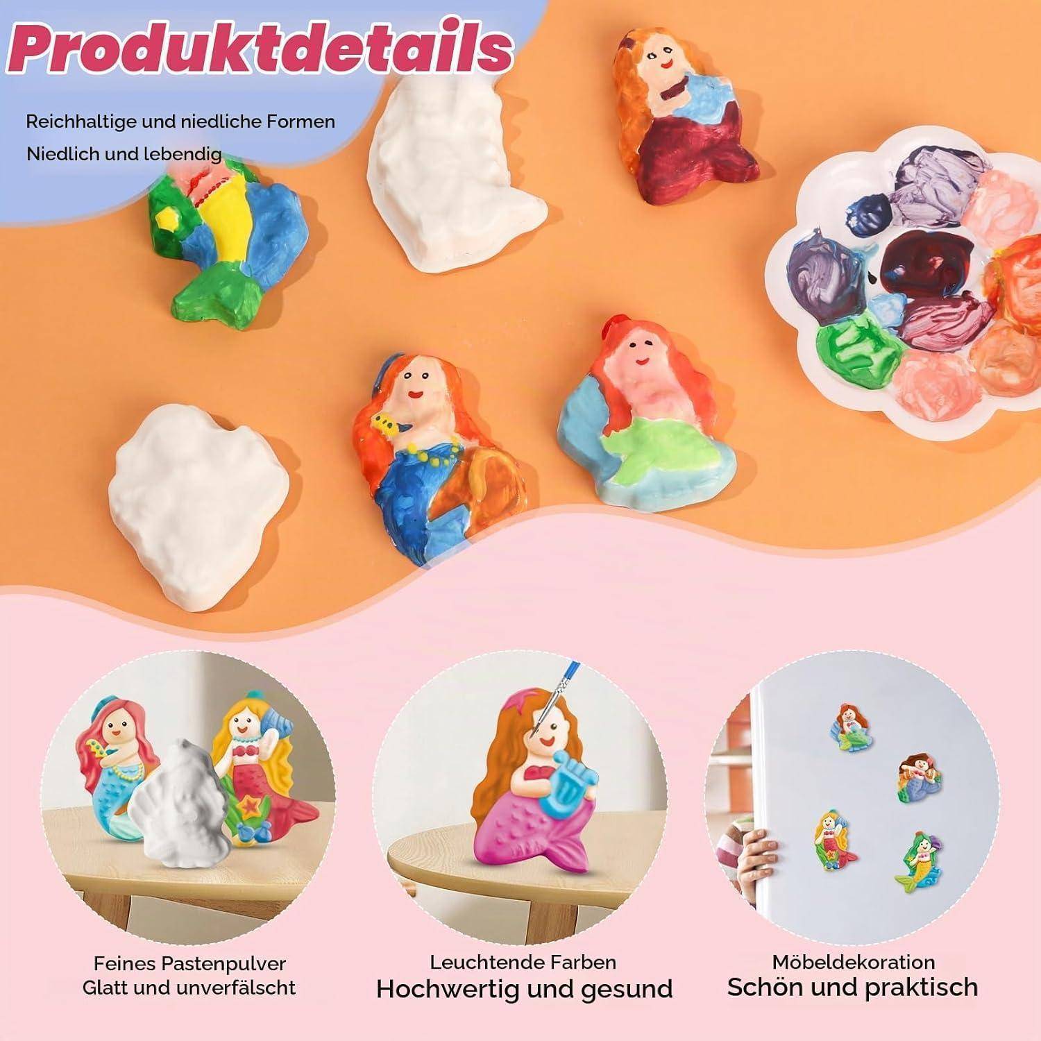 Deutsches Produktdetail-Grafik für Modelliertons mit farbenfrohen geformten Objekten und drei Verwendungszwecken: feines Pulver, leuchtende Farben und Raum-Dekoration.