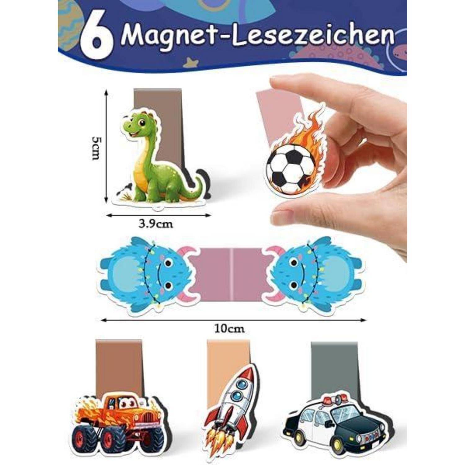 Anzeige mit 6 magnetischen Lesezeichen in verschiedenen Formen, darunter Dinosaurier, Fußball, Fisch, Monstertruck, Rakete und Polizeiauto, mit Größenangaben und einer Hand, die eines offen hält.