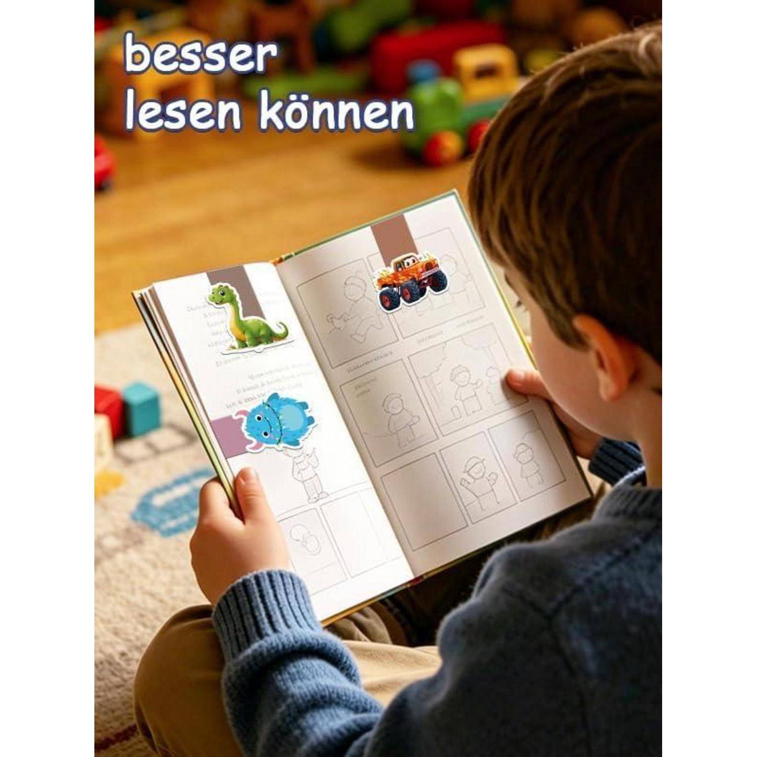 Kind, das von hinten ein Aktivitätsbuch liest, mit dem Text „besser lesen können