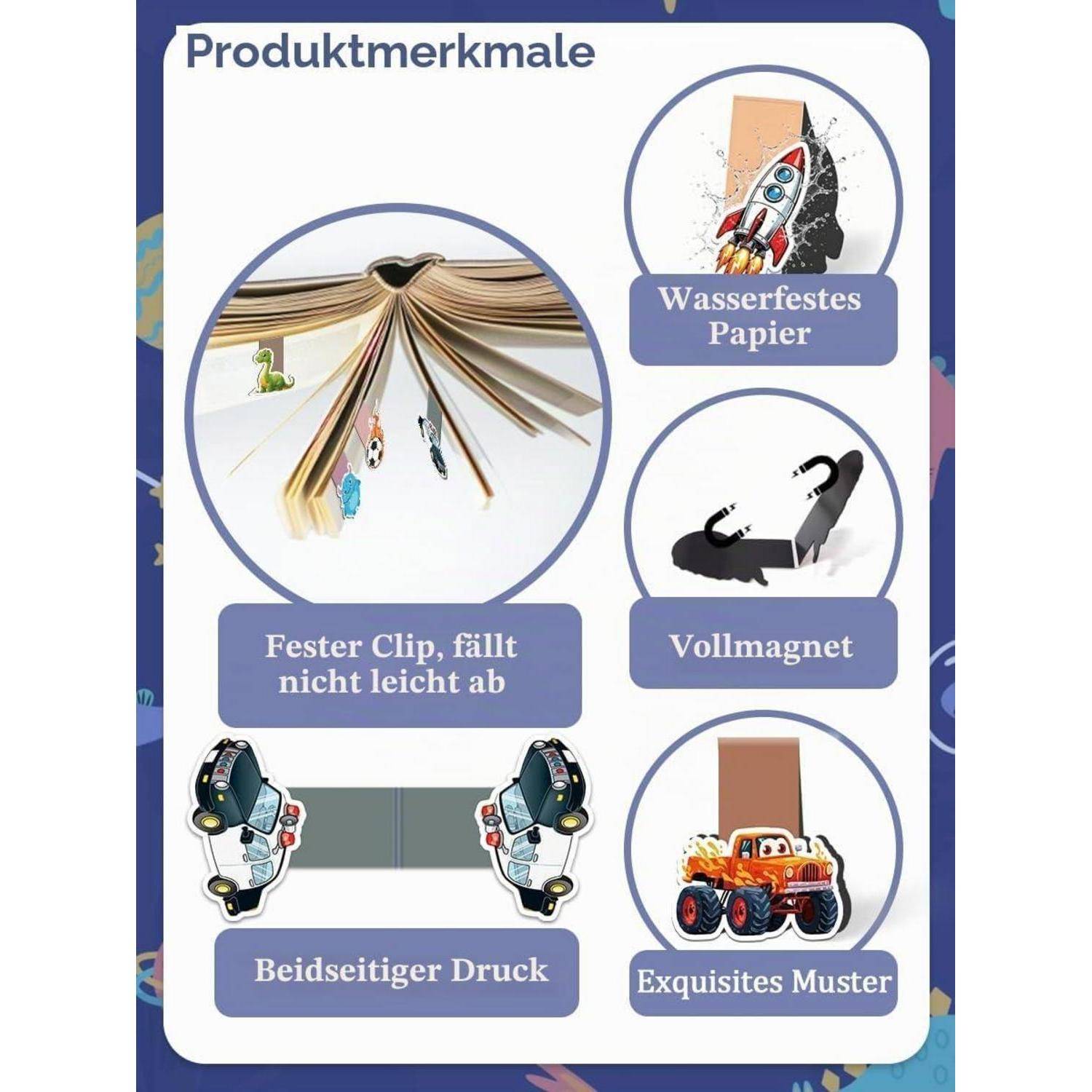 Deutsches Produktmerkmalsgrafik mit einem Klemmblock mit Beschriftungen: wasserfestes Papier, starke Klammer, beidseitiger Druck, Magnetverschluss und aufwendiges Muster.