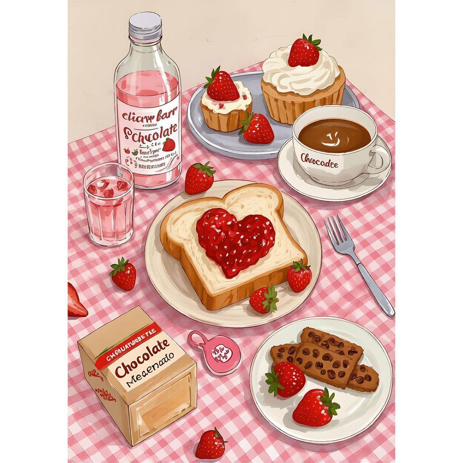 Illustration eines rosafarbenen Gingham-Picknicks mit Erdbeer- und Schokoladendesserts: Toast, Cupcake, Kuchen, Kekse, Getränk und eine Schokoladenflasche.