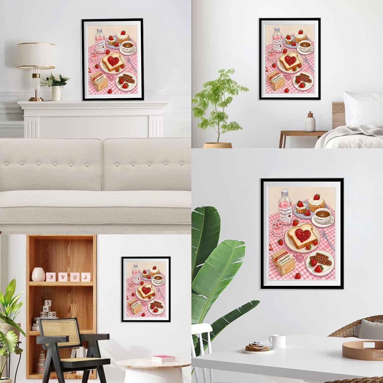 Gerahmtes Kunstwerk eines rosa Picknick-Frühstücks mit Toast, Gebäck, Erdbeeren, Kaffee und einer Flasche, dargestellt als Wanddruck in modernen Rauminterioren.
