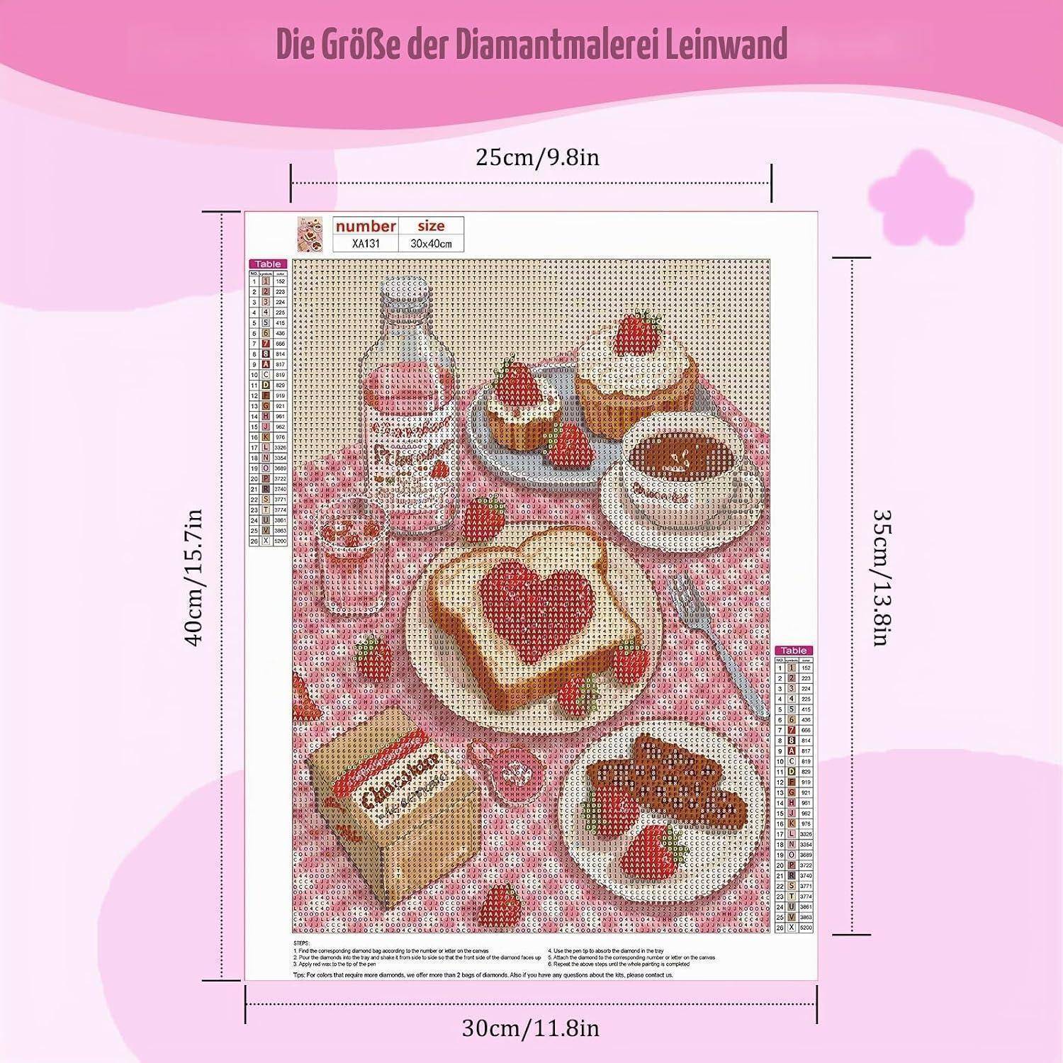 Abmessungen der Diamond-Painting-Leinwand: 30 cm x 40 cm Gesamtgröße, mit 25 cm x 35 cm Designfläche, mit einem rosa Dessert-Stillleben.