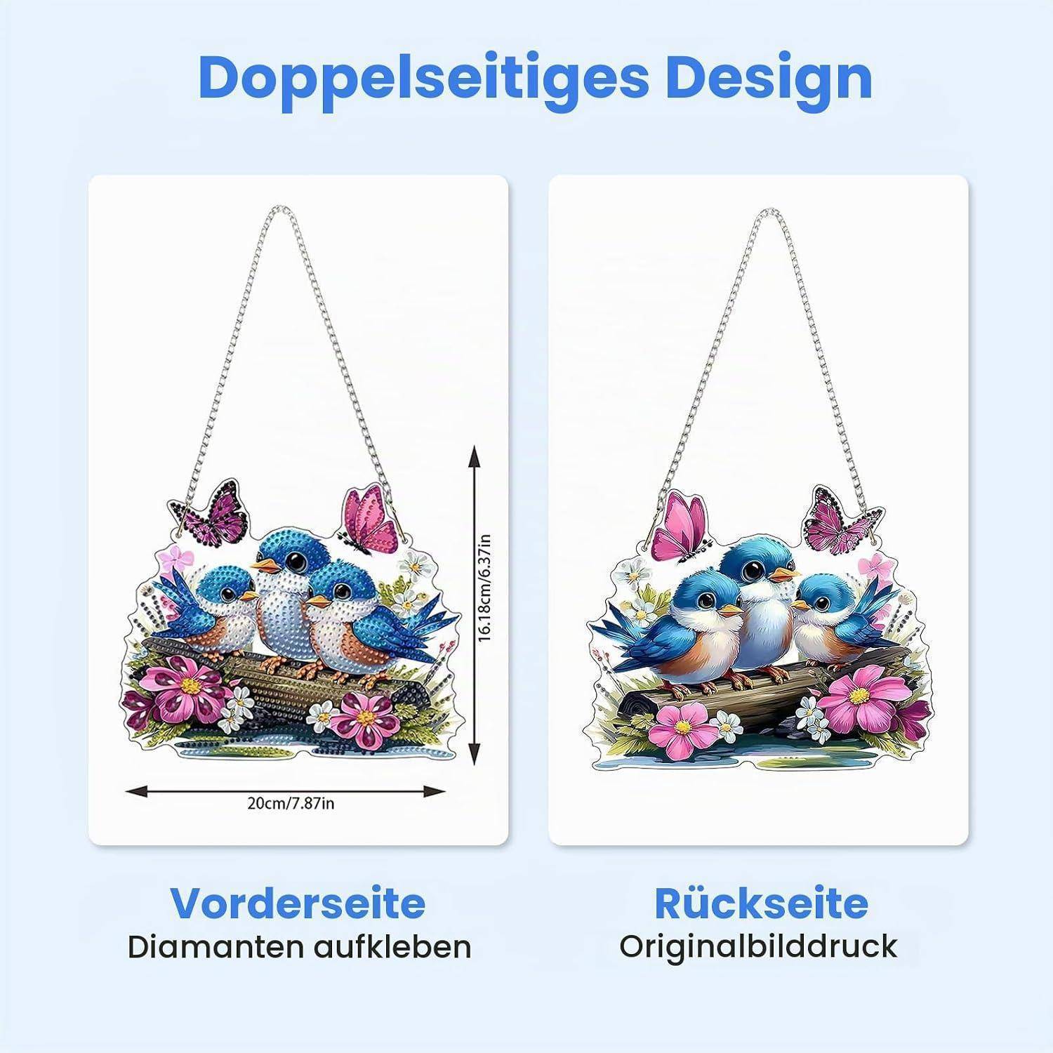 Vergleichsgrafik einer beidseitig hängbaren Vogeldekoration: Vorderseite zeigt Bereiche für die Diamantanwendung, Rückseite zeigt das ursprüngliche bedruckte Design; Abmessungen 20 cm mal 16,8 cm.
