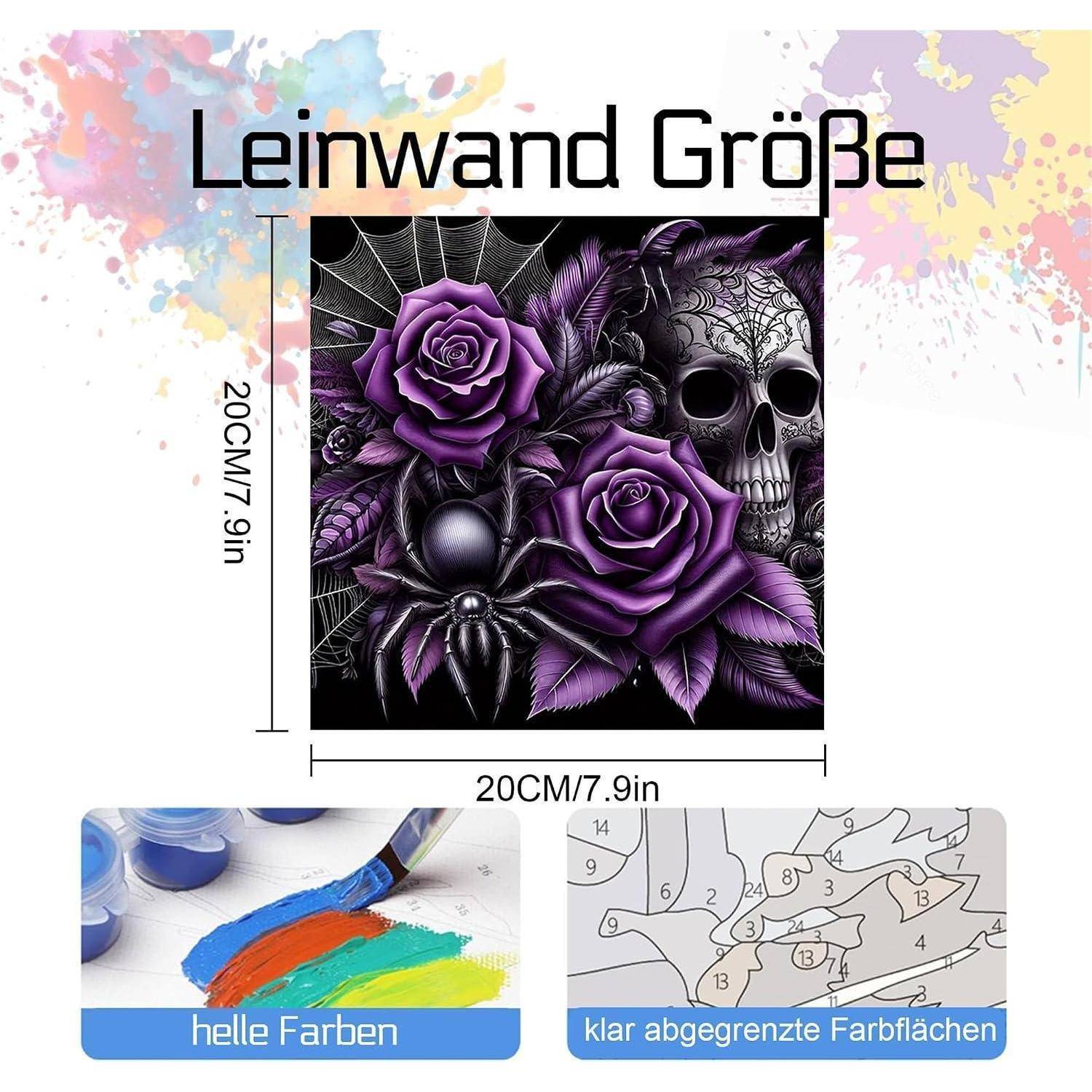 Infografik mit Leinwandgröße 20 cm x 20 cm mit einem purpurroten gotischen Design aus Rosen, Spinne und Totenkopf; die Beispiele unten zeigen leuchtende Farben und klar definierte Farbflächen.