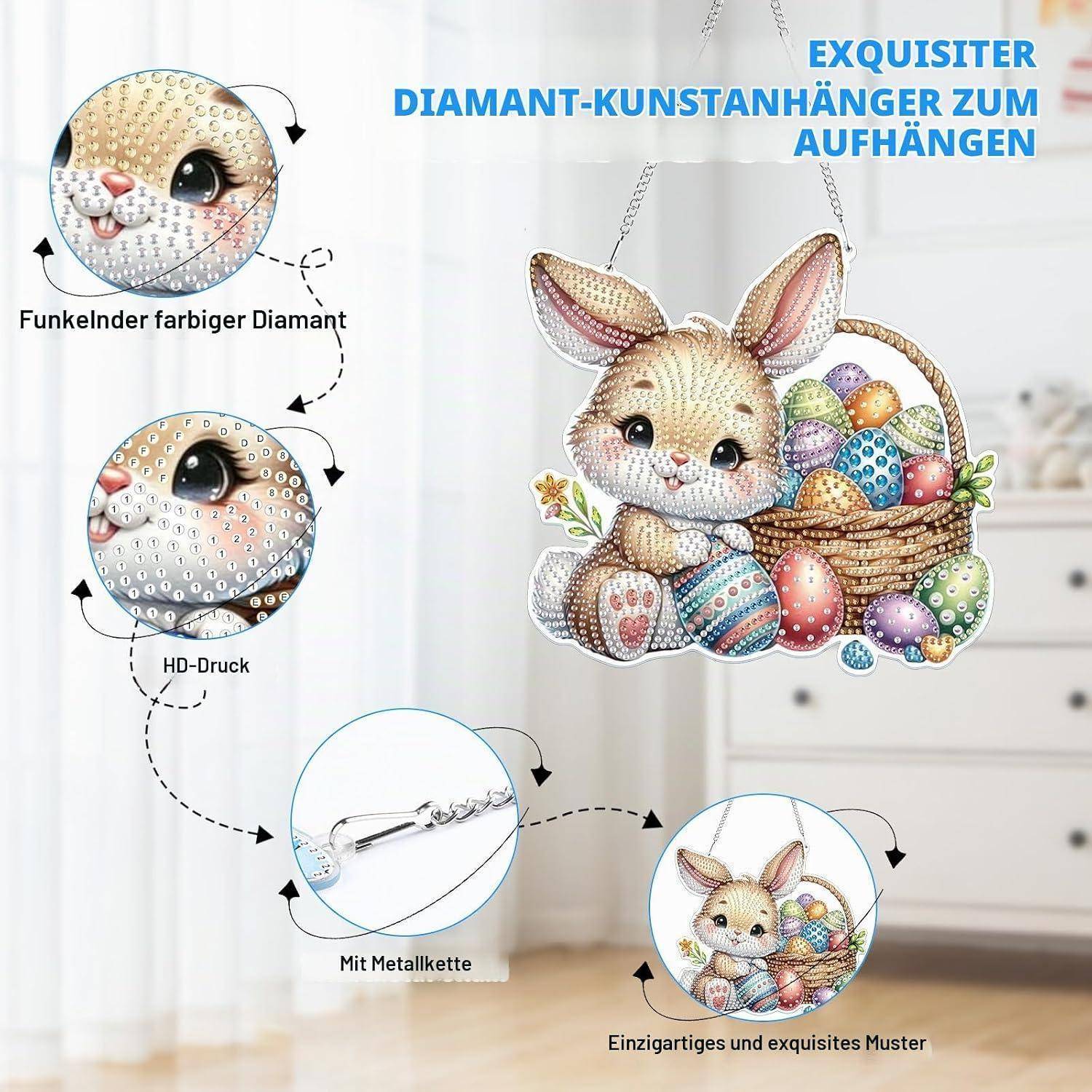 Anzeige für eine Diamantmalerei-Hasenornament mit Korb aus bunten Eiern und metallischer Hängekette, zeigt Nahaufnahmen des glitzernden Designs und des gedruckten Details.