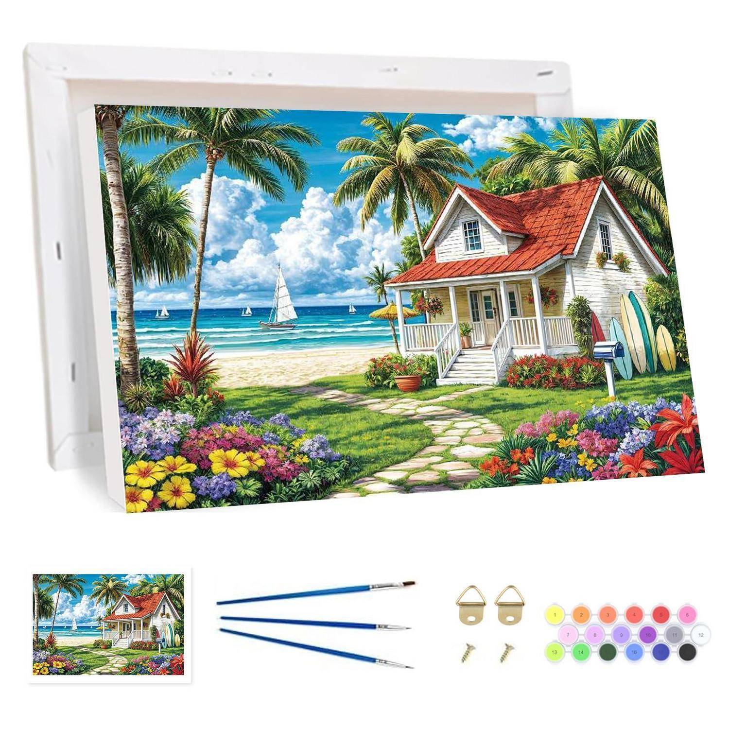 Malset Strandhaus-Szene mit Nummern zum Ausmalen mit Palmen, Segelboot, Blumen und Wellen; enthält drei Pinsel, Aufhängehardware und farbige Farbtupfer.