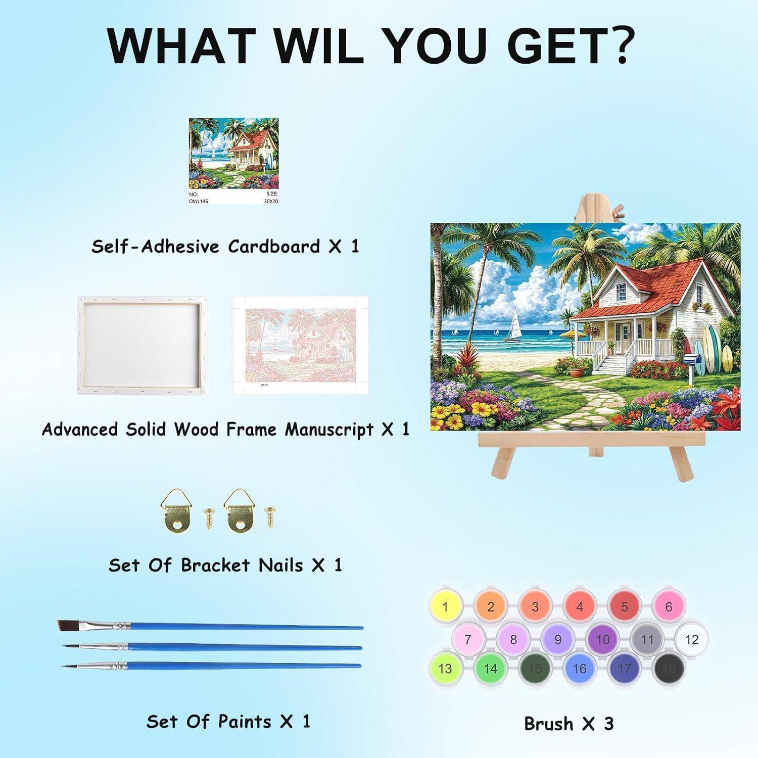Produktinhalt für ein Malen-nach-Zahlen-Set: selbstklebendes Papier, Holzrahmen, Befestigungsnägel, Farben und 3 Pinsel mit einer Muster-Strandhaus-Malerei.