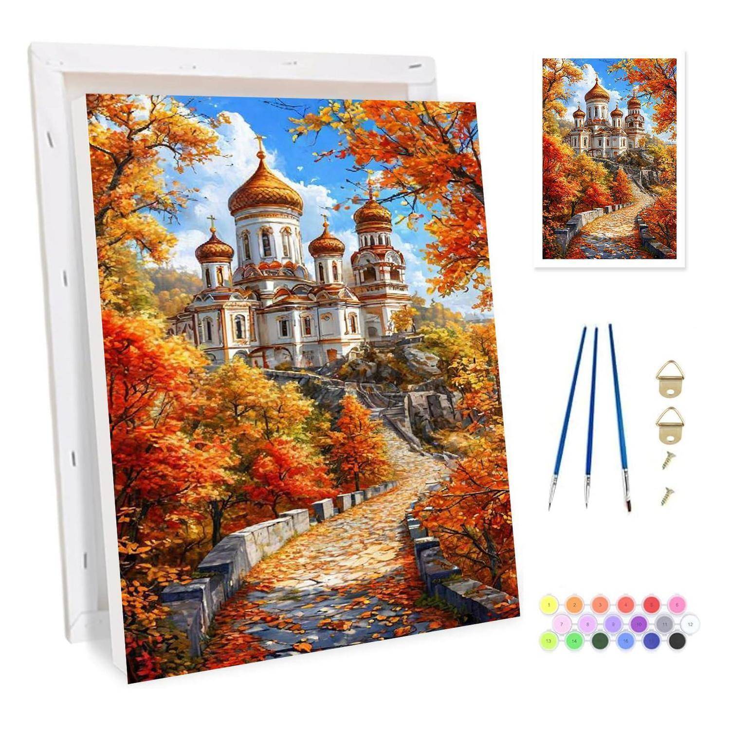 Malen-nach-Zahlen-Set mit einer Herbstkirchen-Szene auf Leinwand, mit Vorschaubild, drei Pinseln, Aufhängehardware und Farbtöpfen.