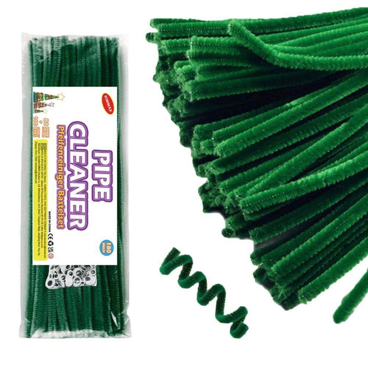 Packung grüner Pfeifenreiniger neben einer Nahaufnahme eines Fächers aus flauschigen grünen Chenille-Stäbchen.