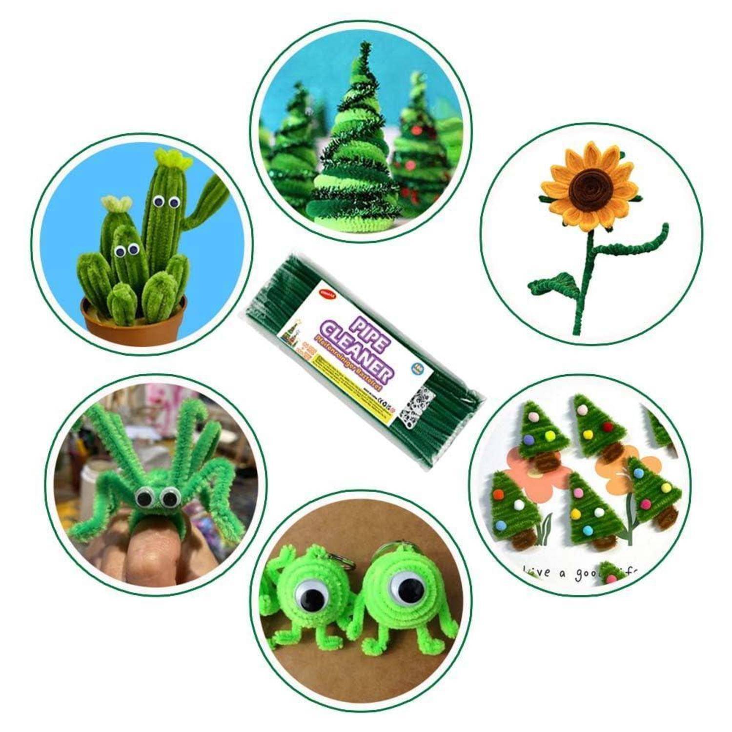 Collage von Pfeifenreiniger-Bastelarbeiten: Kaktusfiguren, Minibäume, eine Sonnenblume, eine Spinne, googelaugige Monster und Christbaumdekorationen mit einer „Pfeifenreiniger"-Packung in der Mitte.