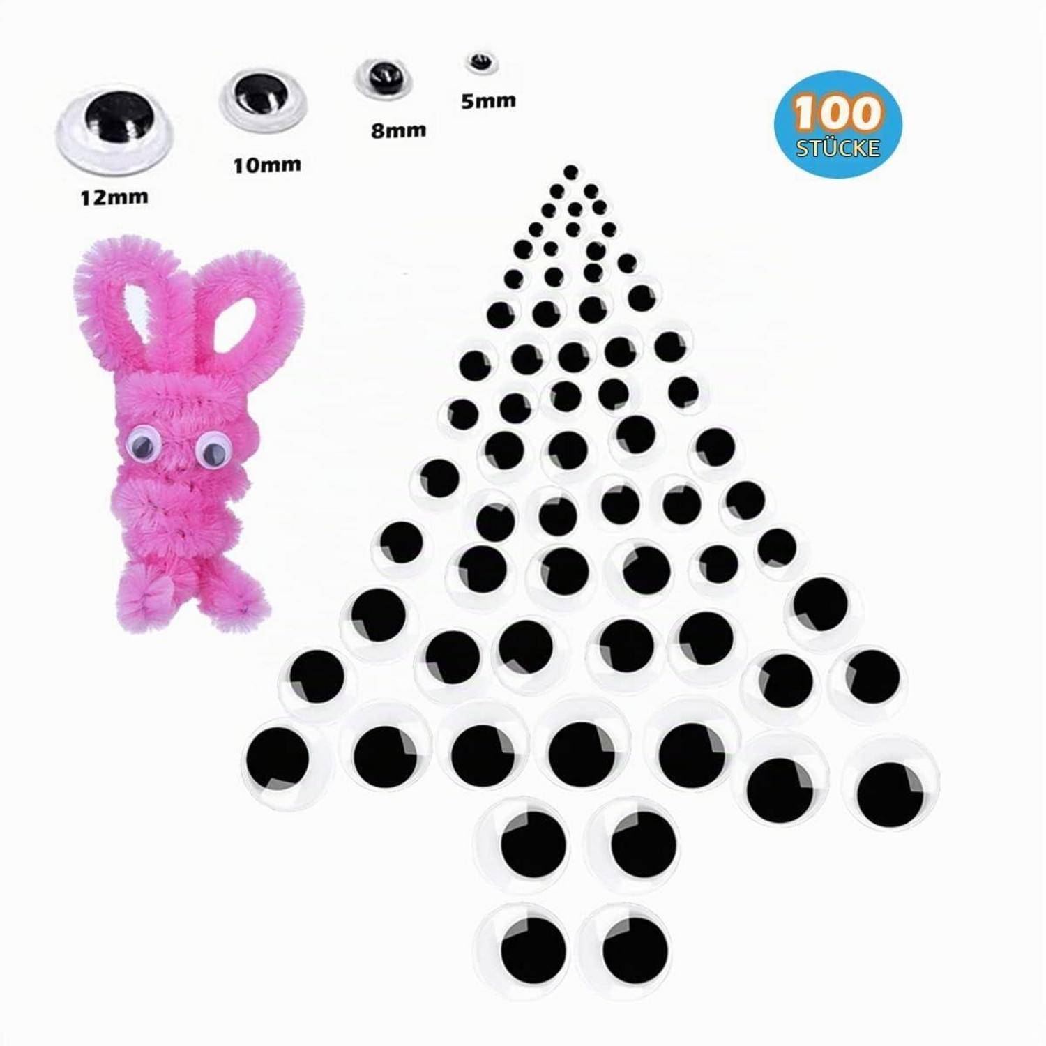 Packung mit 100 Kunststoff-Sicherheitsaugen in den Größen 12mm, 10mm, 8mm und 5mm, dargestellt als schwarzweiße Handwerkersaugen mit einem Beispiel eines rosa Plüsch-Häschens.