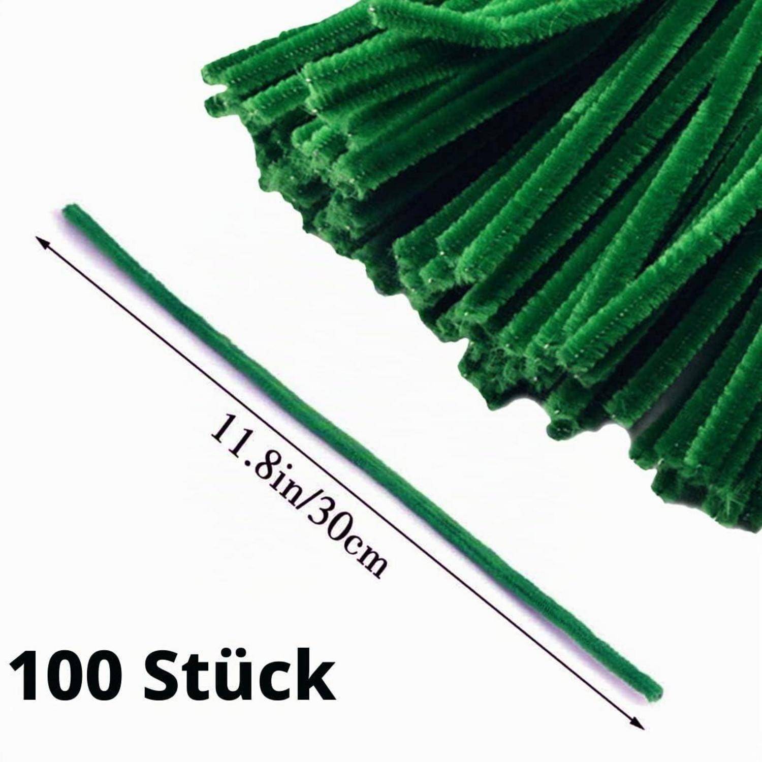Bild von grünen Chenille-Bastelstäben, mit der Beschriftung 11,8 in/30 cm und „100 Stück", was 100 Stück anzeigt.