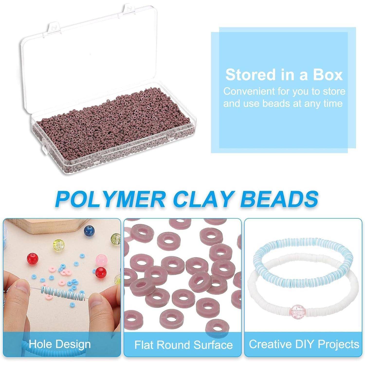 Werbegrafik für Polymer-Ton-Perlen in einer Aufbewahrungsbox, die das Lochdesign, die flache runde Oberfläche und DIY-Armband-Projekte hervorhebt.