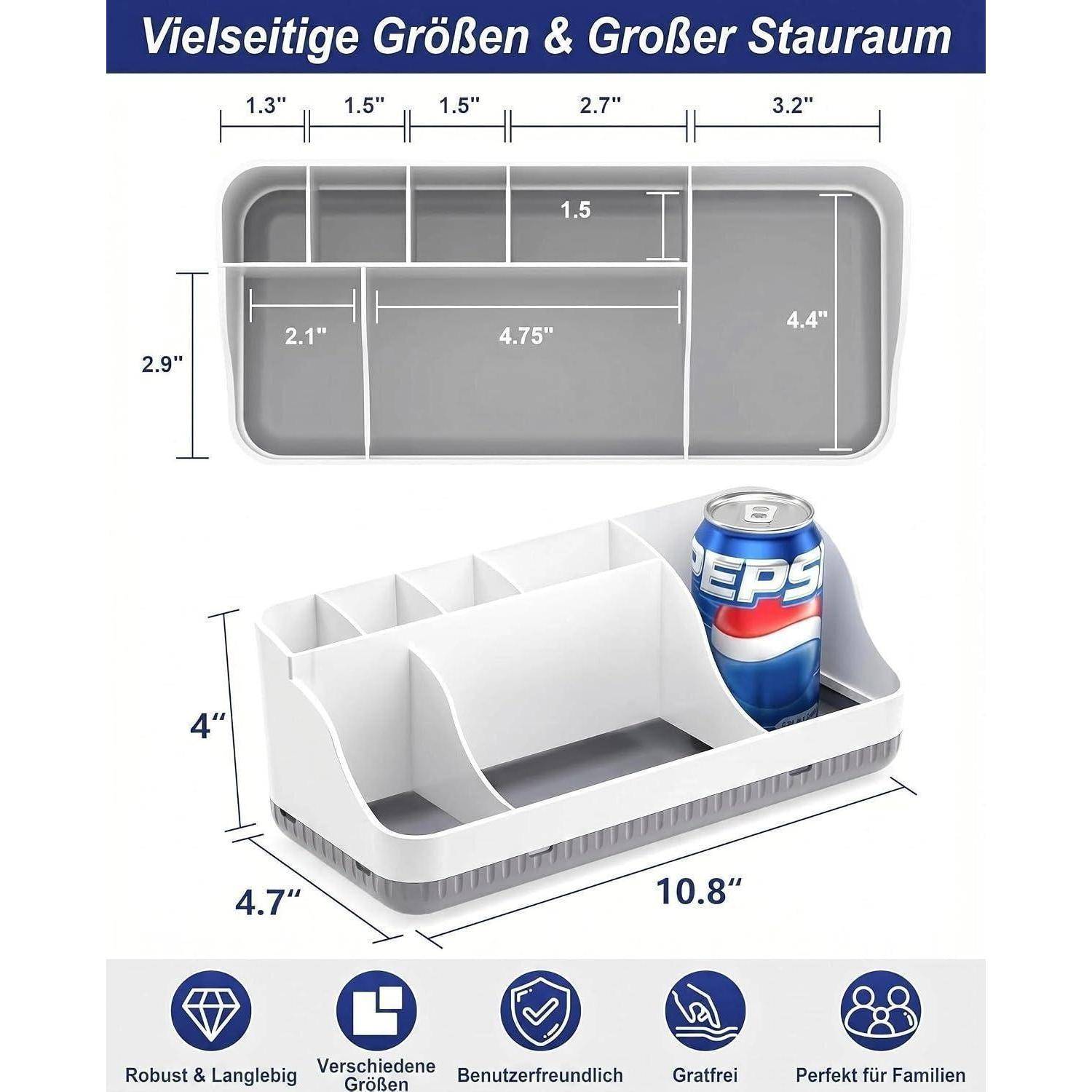 Produktdiagramm eines Lagerkorganisators mit mehreren Fächern und Abmessungen, betitelt „Vielseitige Größen & Großer Stauraum"; zeigt Abmessungen und eine Limonadendose als Größenvergleich.