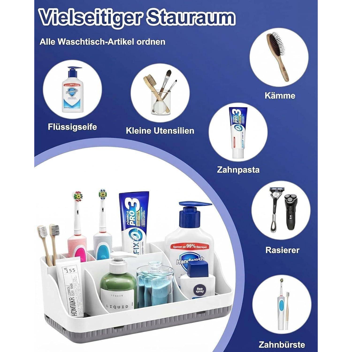 Deutsches Badezimmer-Organisationsprodukt mit einem Tablett zur Aufbewahrung von Waschbeckenzubehör, mit gekennzeichneten Beispielen: Seife, kleine Utensilien, Kämme, Zahnpasta, Rasierer und Zahnbürsten.