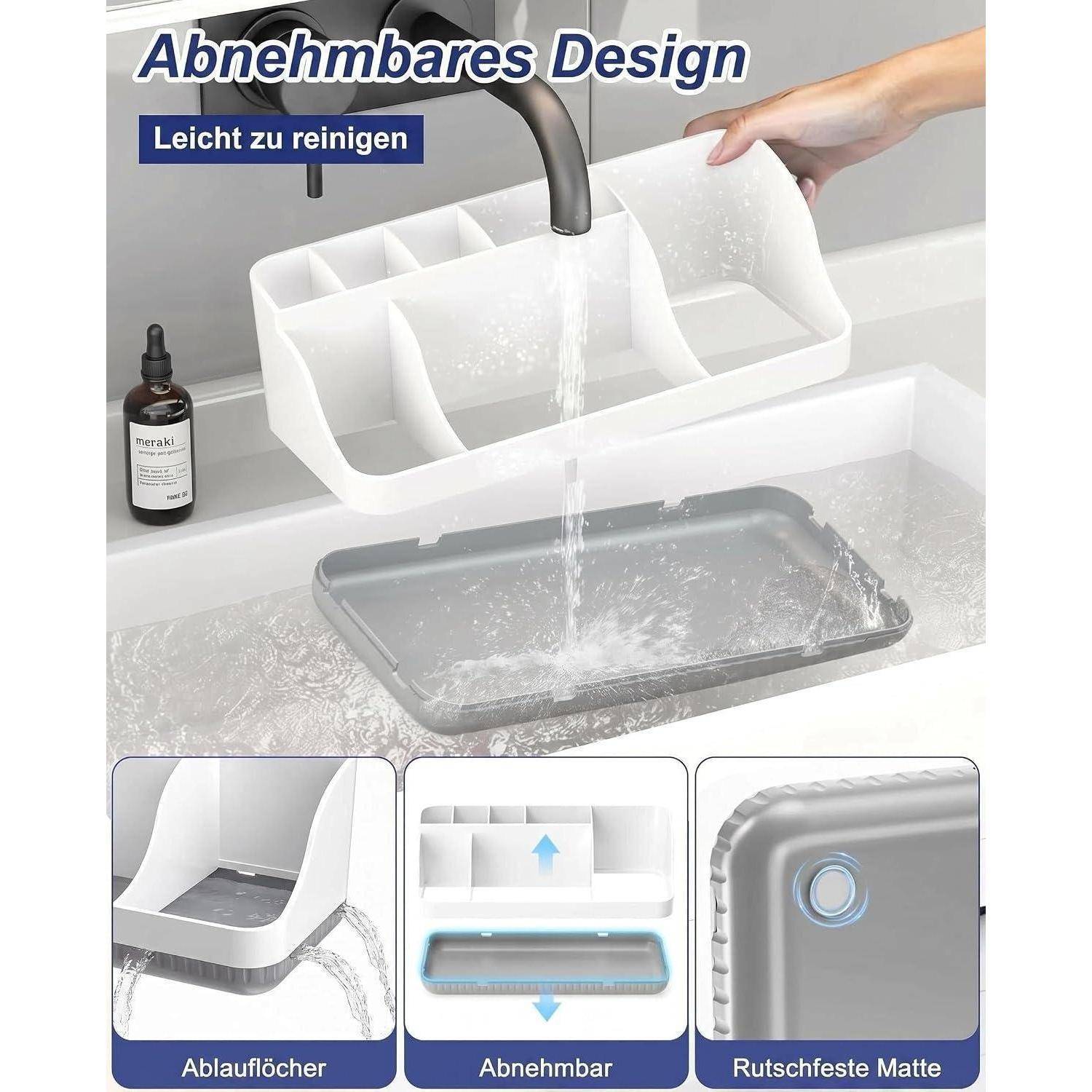 Illustration eines abnehmbaren, leicht zu reinigenden Spülbeckenablagegestells mit Ablöchern und einer rutschfesten Matte, gezeigt unter fließendem Wasser mit beschrifteten Nahaufnahmen der Funktionen.
