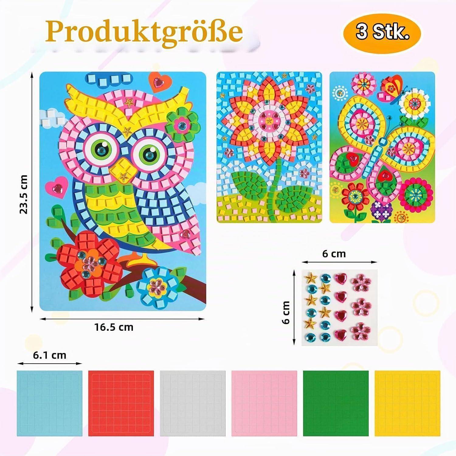 Größentabelle für Produkte mit 3 Mosaikkunst-Designs: Eule, Sonnenblume und Blumen, mit Abmessungen von 23,5 x 16,5 cm und einem 6 x 6 cm Edelsteinblatt; farbige Rückseiten unten.