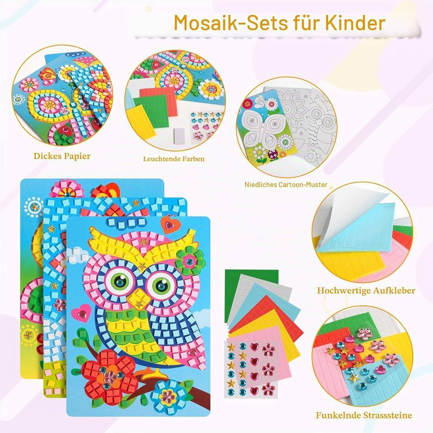 WEFINEST 3 Stück Mosaik Bastelset Kinder Farben Mosaik Set Aufkleber | Moosgummi Bastelset Kinder 4 Jahre, Mosaics Klebebilder für Mädchen Jungen