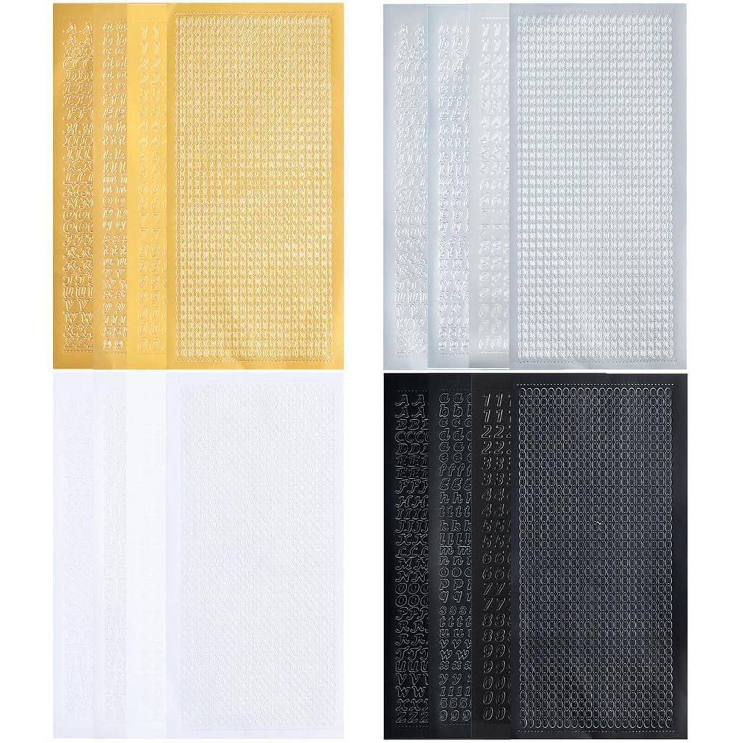 Vier Prägematte in Gold, Silber, Weiß und Schwarz, jede mit unterschiedlichen sich wiederholenden Texturmustern für dekorative Handarbeiten.