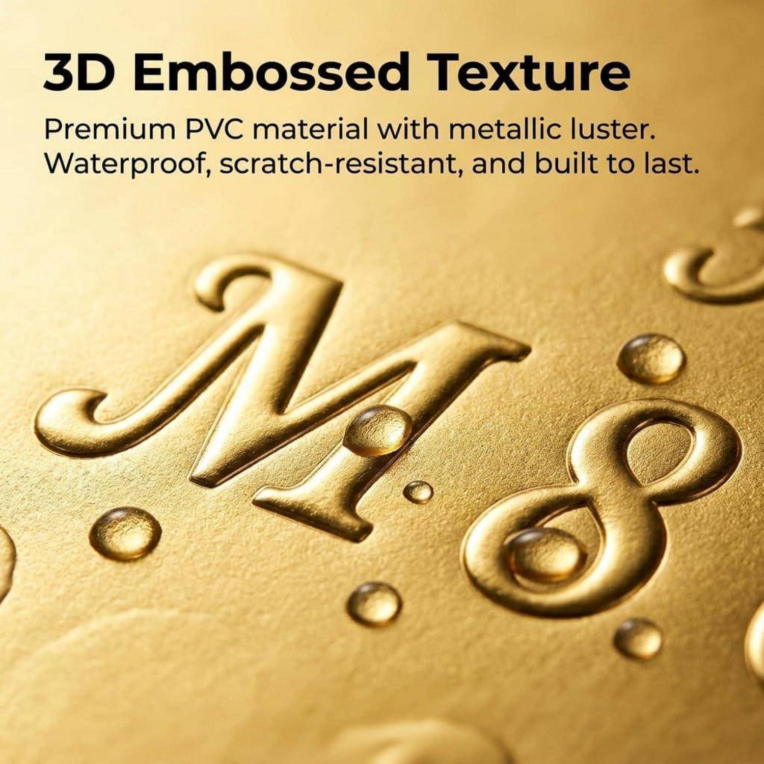 Goldene 3D-geprägte Beschriftung auf einer metallischen PVC-Oberfläche, gekennzeichnet als „3D-Geprägte Textur" mit Text, der anmerkt, dass sie hochwertig, wasserfest und kratzfest ist.