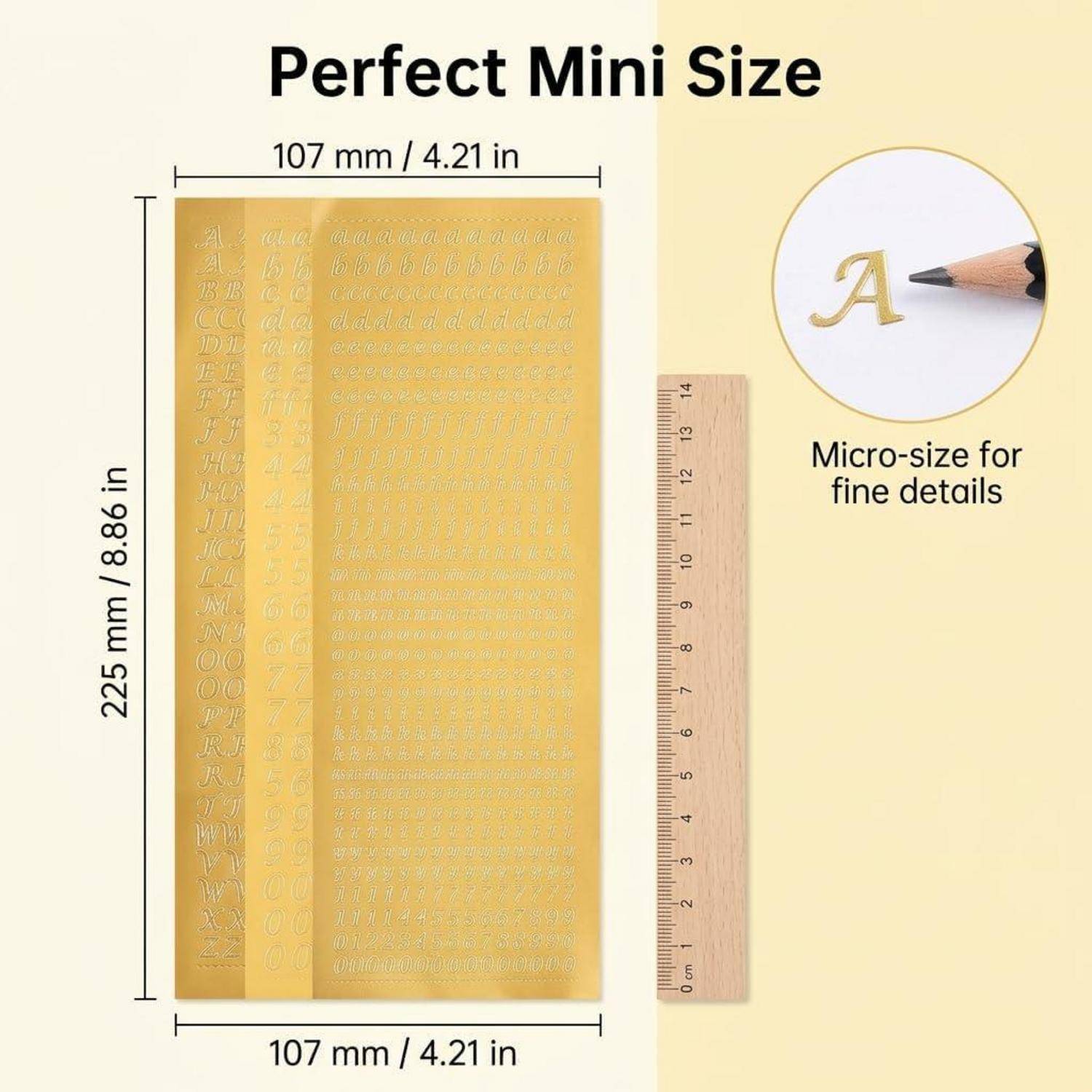 Diagramm, das ein goldenes Mini-Schablonen- oder Transferblatt mit der Bezeichnung „Perfect Mini Size" zeigt, das 107 mm x 225 mm misst, mit einem Lineal und einer Vergrößerung mit Mikrogröße-Feindetail-Beschriftung.