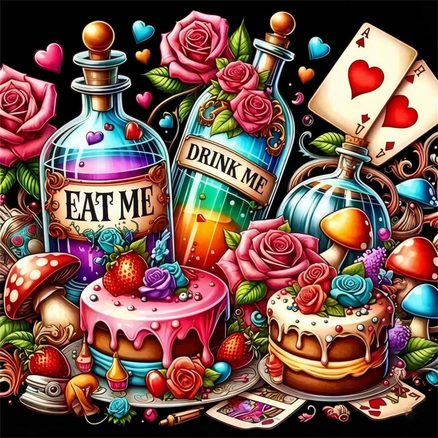 Farbenfrohe Alice im Wunderland-Stillleben mit „EAT ME