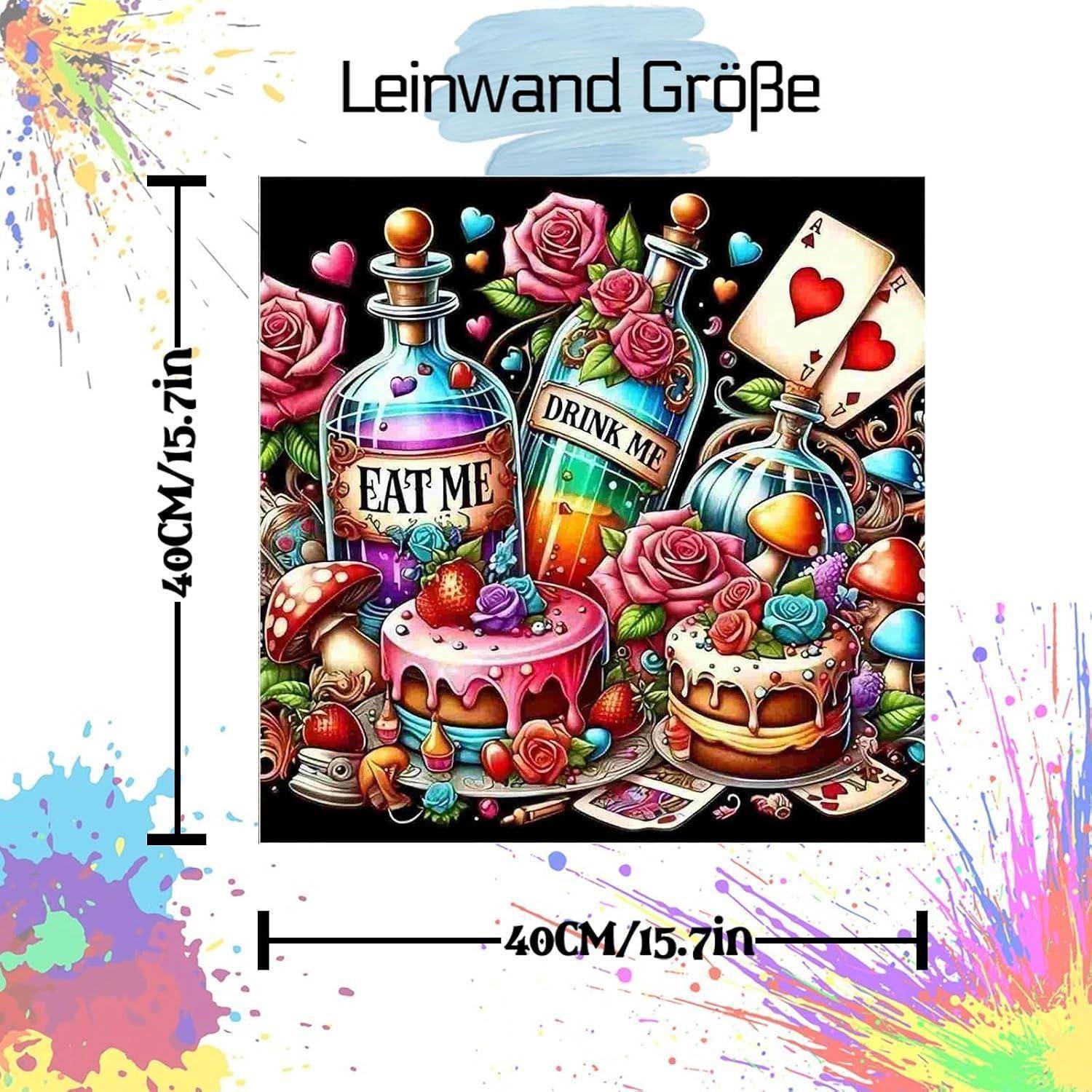 Produktgrößengrafik zeigt einen 40 cm × 40 cm großen quadratischen Druck mit einer farbenfrohen Alice im Wunderland-inspirierten Illustration von Kuchen, Rosen, Karten und „EAT ME"- sowie „DRINK ME""-Flaschen.