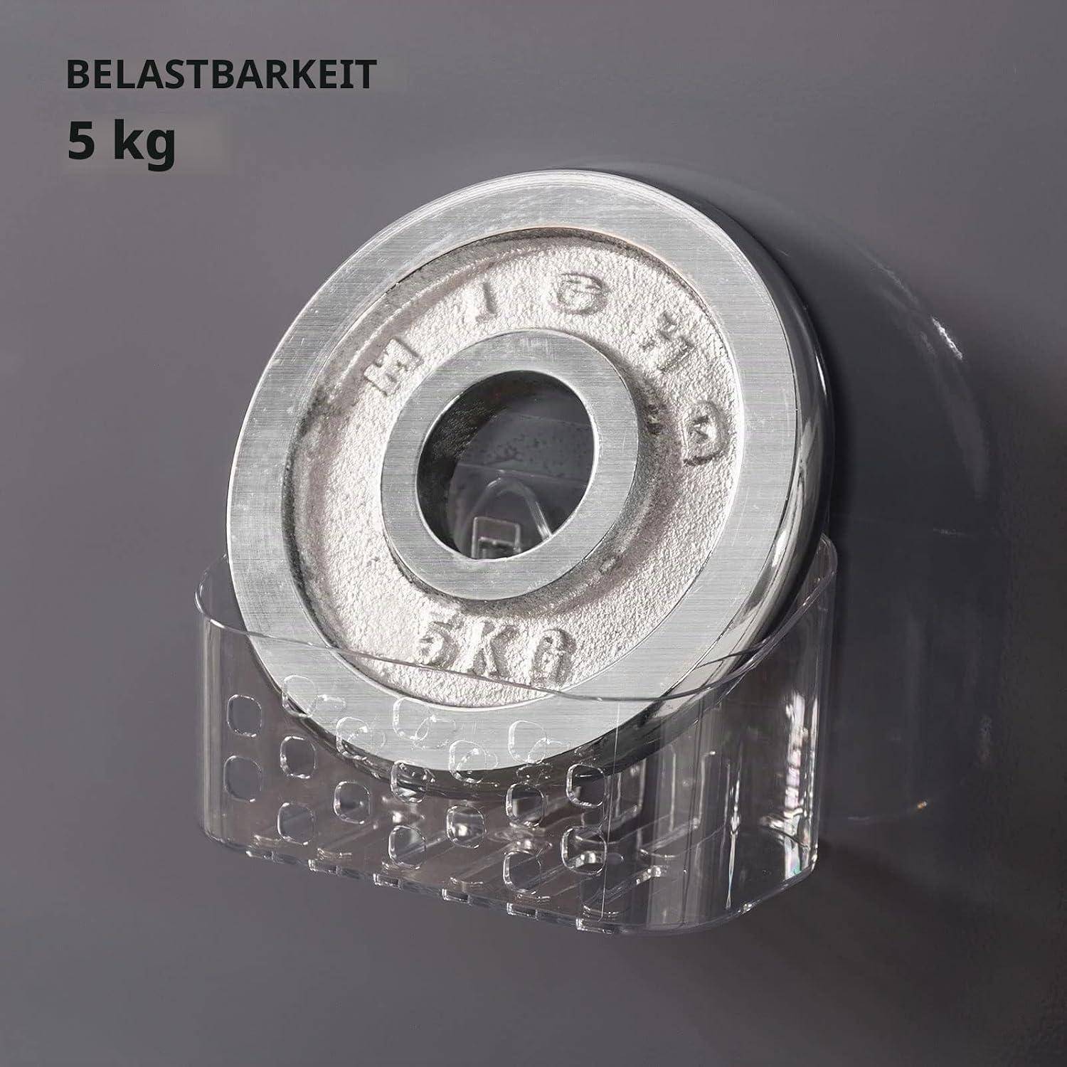 5-kg-Gewichtsplatte in transparentem Kunststoffhalter, mit der Aufschrift „BELASTBARKEIT