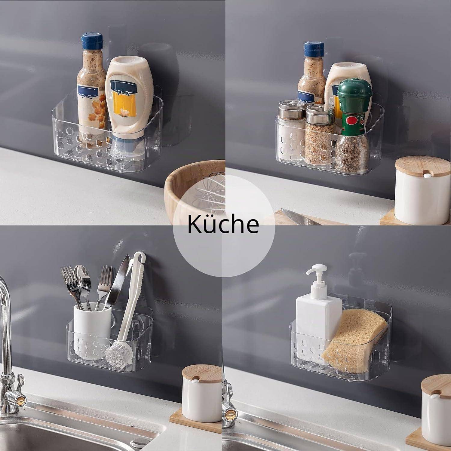 Collage von durchsichtigen, wandmontierten Küchenorganizern, die Flaschen, Gewürzgläser, Utensilien und einen Schwamm halten, beschriftet mit 