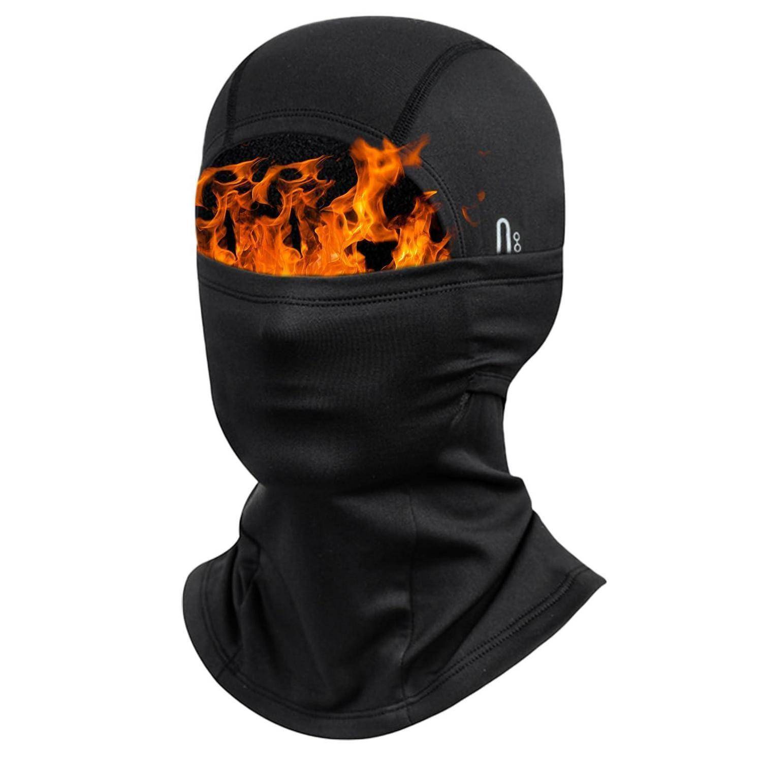 Schwarze, flammenhemmende Balaclava mit orangefarbiger Flammen-Grafik über der Augenpartie und kleinem weißem Logo an der Seite.