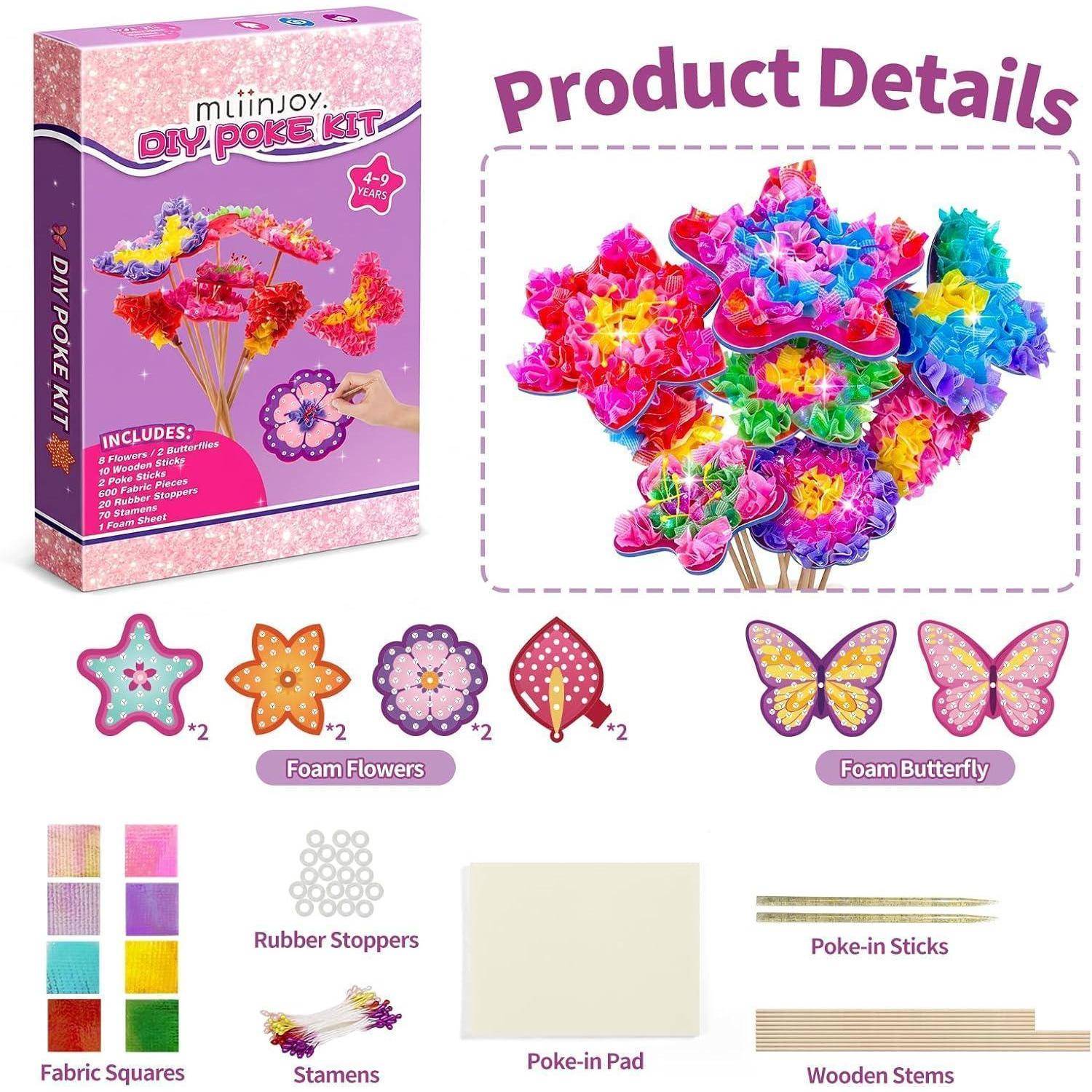 DIY-Steckblumen-Set mit bunten Schaumstoffblumen und Schmetterlingen; enthält Stoffquadrate, Gummistopfen, Staubgefäße, Steckpad, Steckstöcke und Holzstiele.