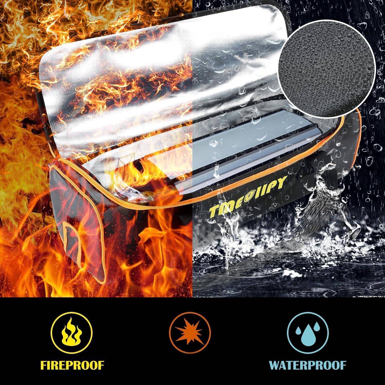 Geteiltes Bild einer Tasche mit „Timeliry"-Branding, das auf der linken Seite feuerfest und auf der rechten Seite wasserdicht zeigt, mit eingefügter Materialtextur und Symbolen mit der Beschriftung FEUERFEST und WASSERDICHT.