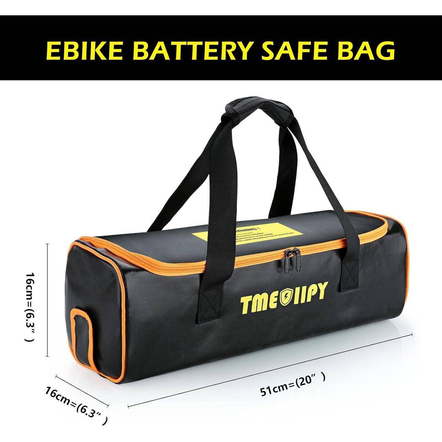 Schwarze und orangefarbene 'EBIKE BATTERY SAFE BAG' mit Griffen, gezeigt mit Abmessungen von 51 cm Länge und 16 cm Höhe/Breite.