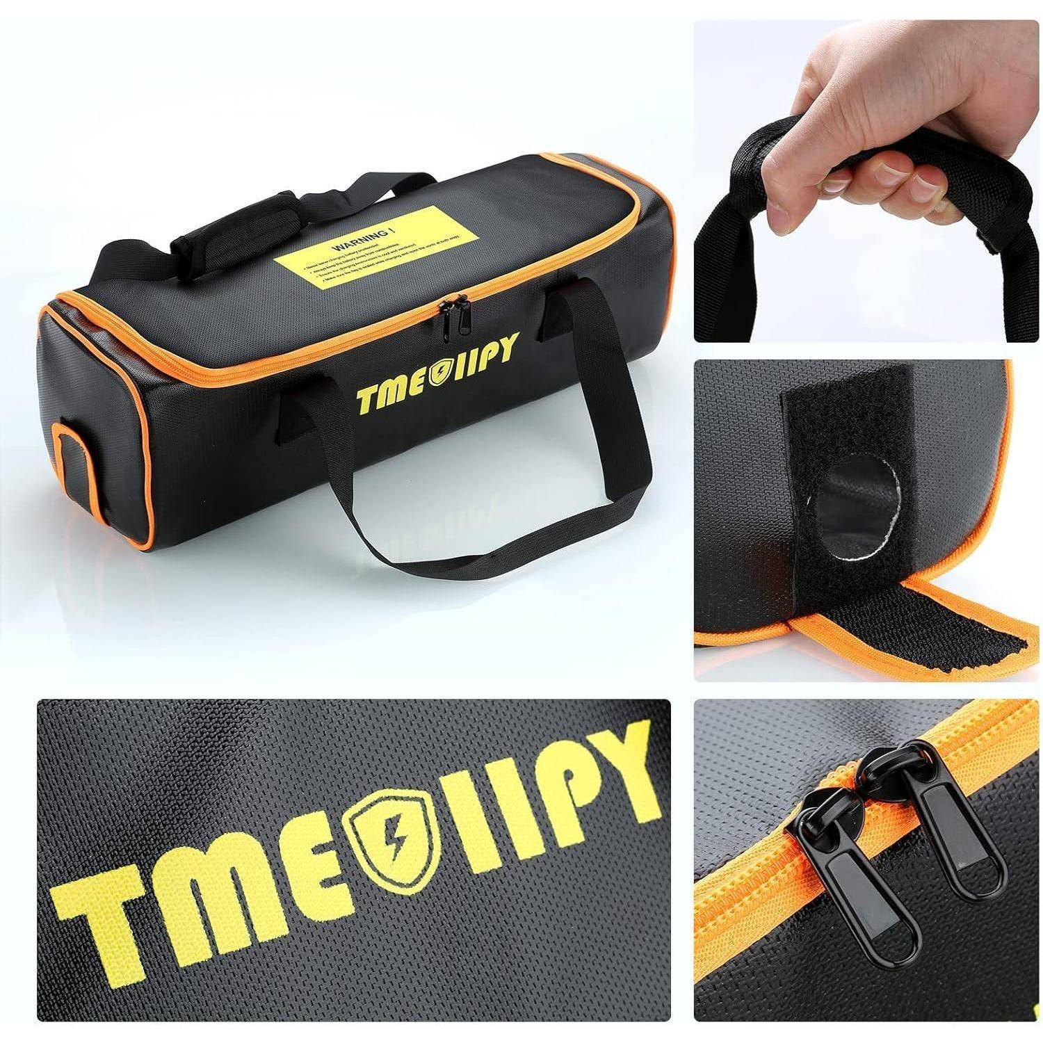 Schwarze und orangefarbene TIMEOIPY-Tragetasche mit Griff, Schultergurt, Reißverschluss und Nahaufnahmen des Logos und der Reißverschlusszipper.