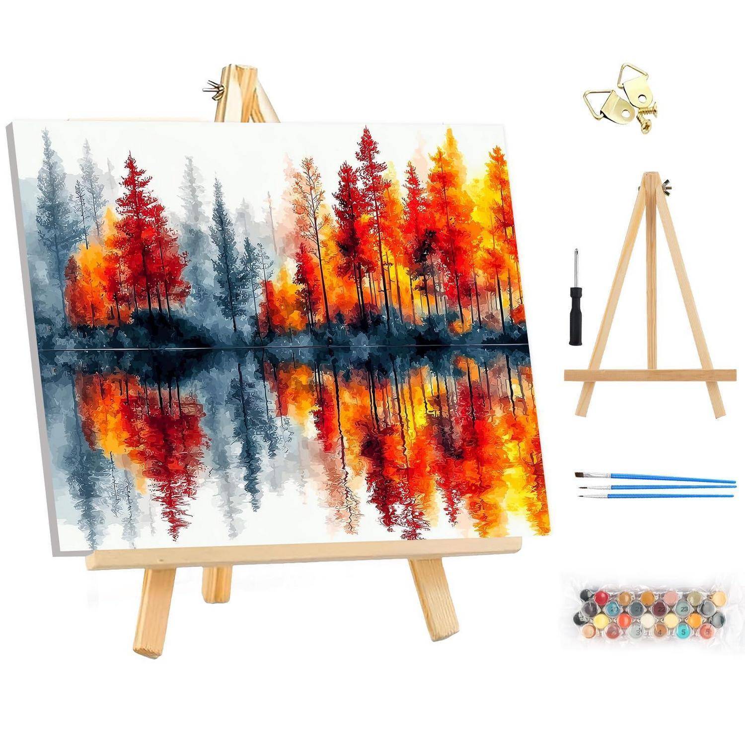 Ein Aquarellgemälde eines bunten Herbstwaldes mit roten, orangefarbenen und blauen Bäumen, die sich im Wasser spiegeln, ausgestellt auf einer Holzstaffelei mit Pinseln und Malzubehör daneben.