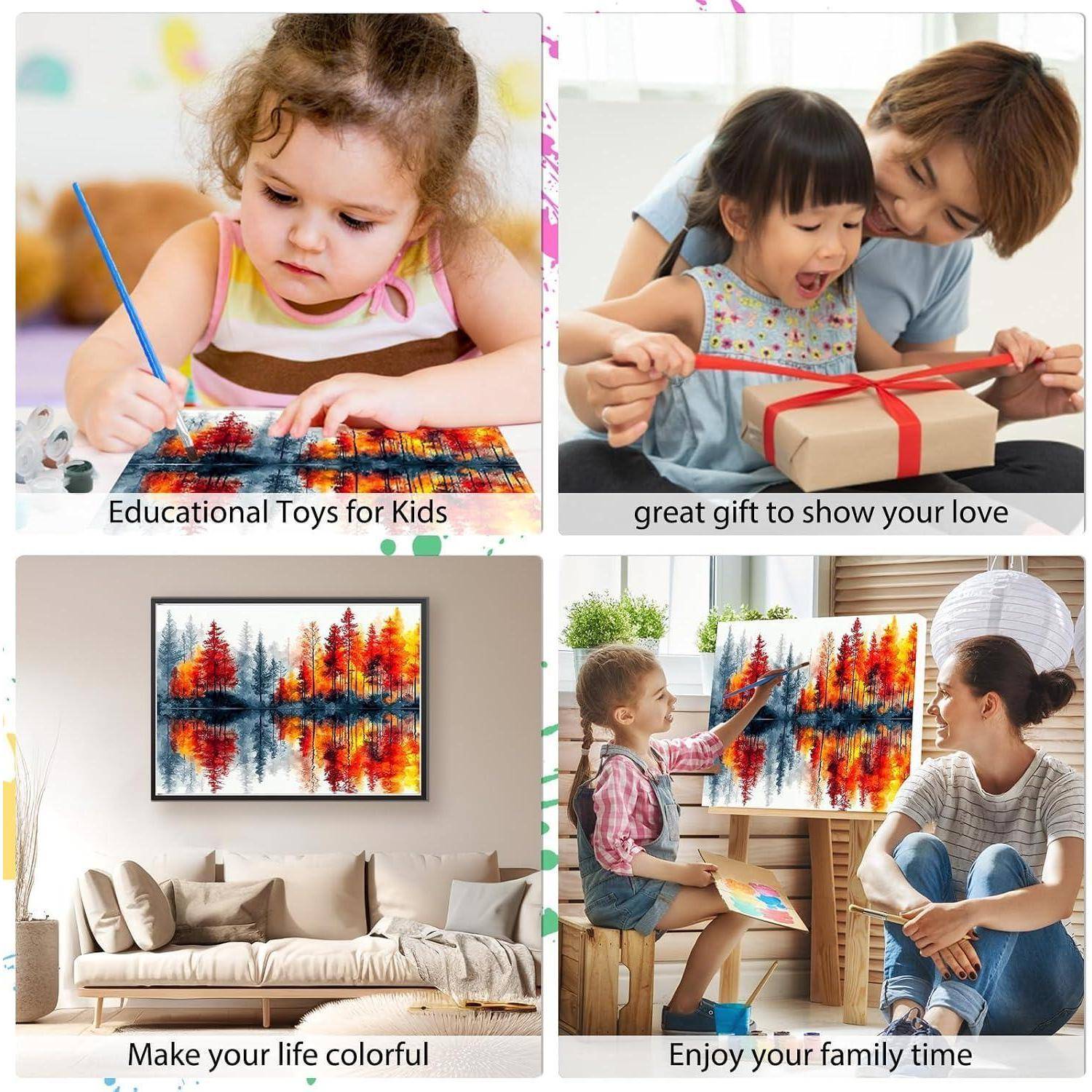 Vierteiliges Collage: Kinder malen farbenfrohe Kunstwerke und öffnen ein Geschenk, mit Bildunterschriften, die Lernspielzeug, Liebe, Farbe und gemeinsame Familienzeit fördern.
