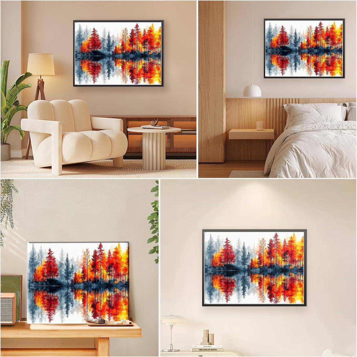 Farbenfrohe Landschaftskunst mit roten und orangefarbenen Bäumen, die sich im Wasser spiegeln, präsentiert als Wanddekoration in modernen Wohnräumen.