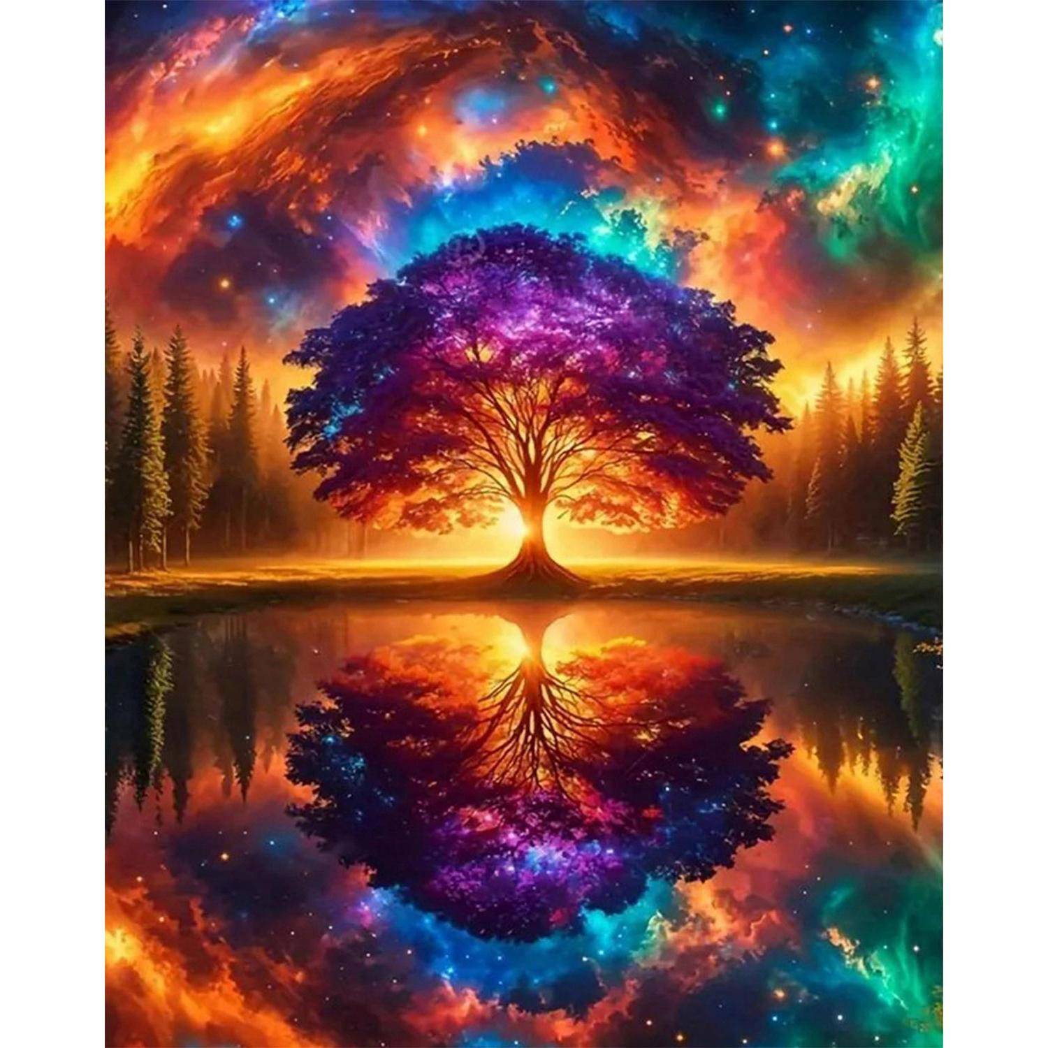 Ein leuchtender Baum steht zentriert neben einem ruhigen See, sein farbenfroher Blätterdach und seine Spiegelung bilden eine symmetrische Fantasieszene bei Sonnenuntergang.