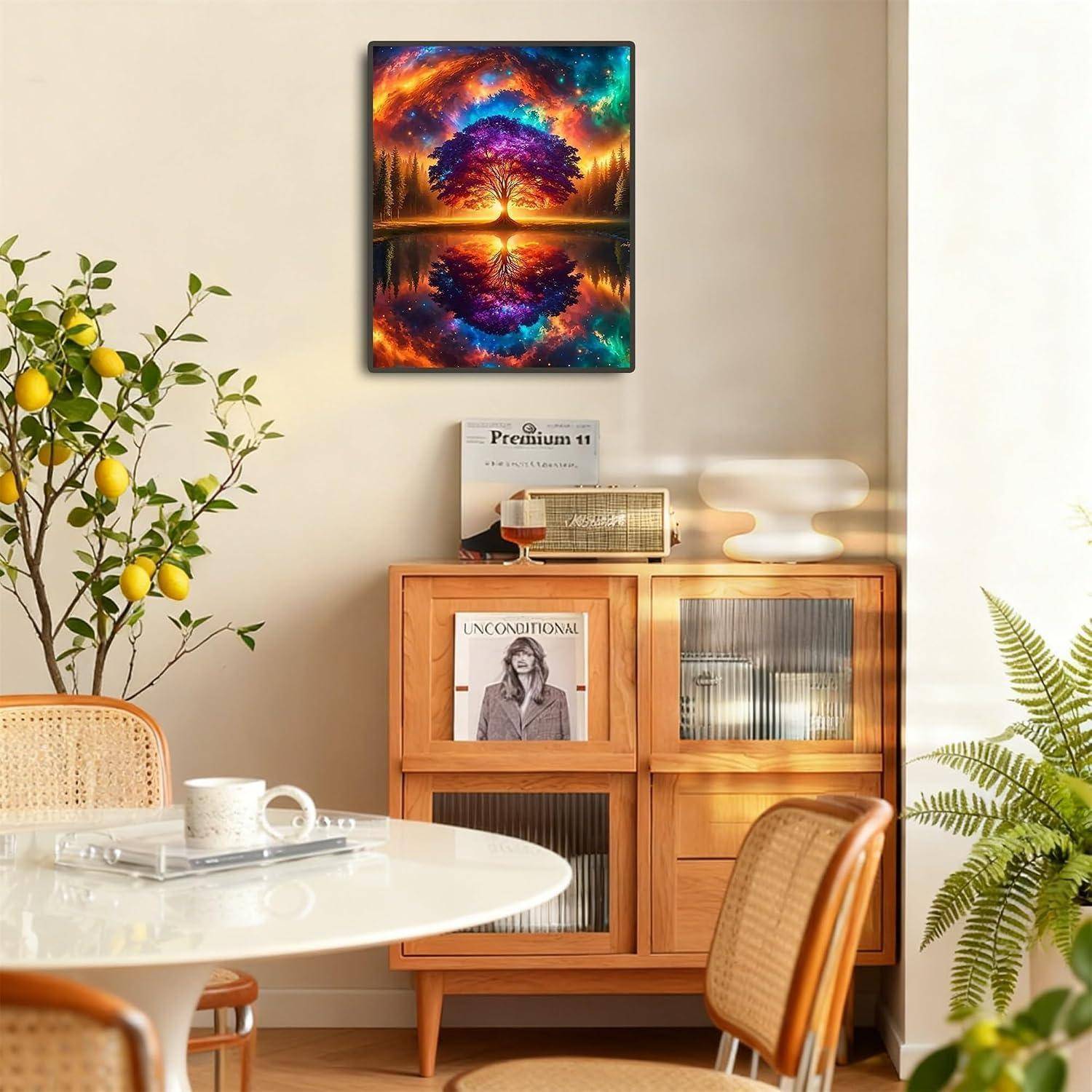Stilvolle Wohnzimmerecke mit einem Holzschrank, Schallplatten, Pflanzen, weißem Tisch und Stühlen sowie einem farbenfrohen Baumkunstwerk darüber.