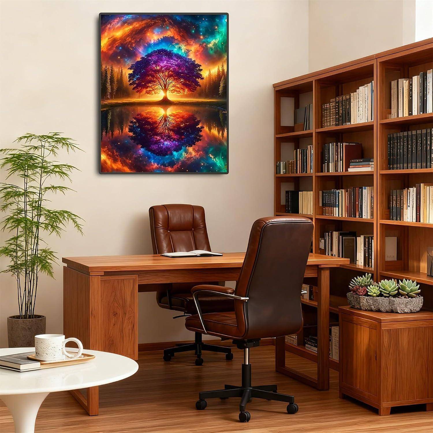 Ein ruhiges Büro mit einem Holzschreibtisch und Lederstühlen, Bücherregalen, einer Topfpflanze und einem farbenfrohen Baumkunstwerk über dem Schreibtisch.